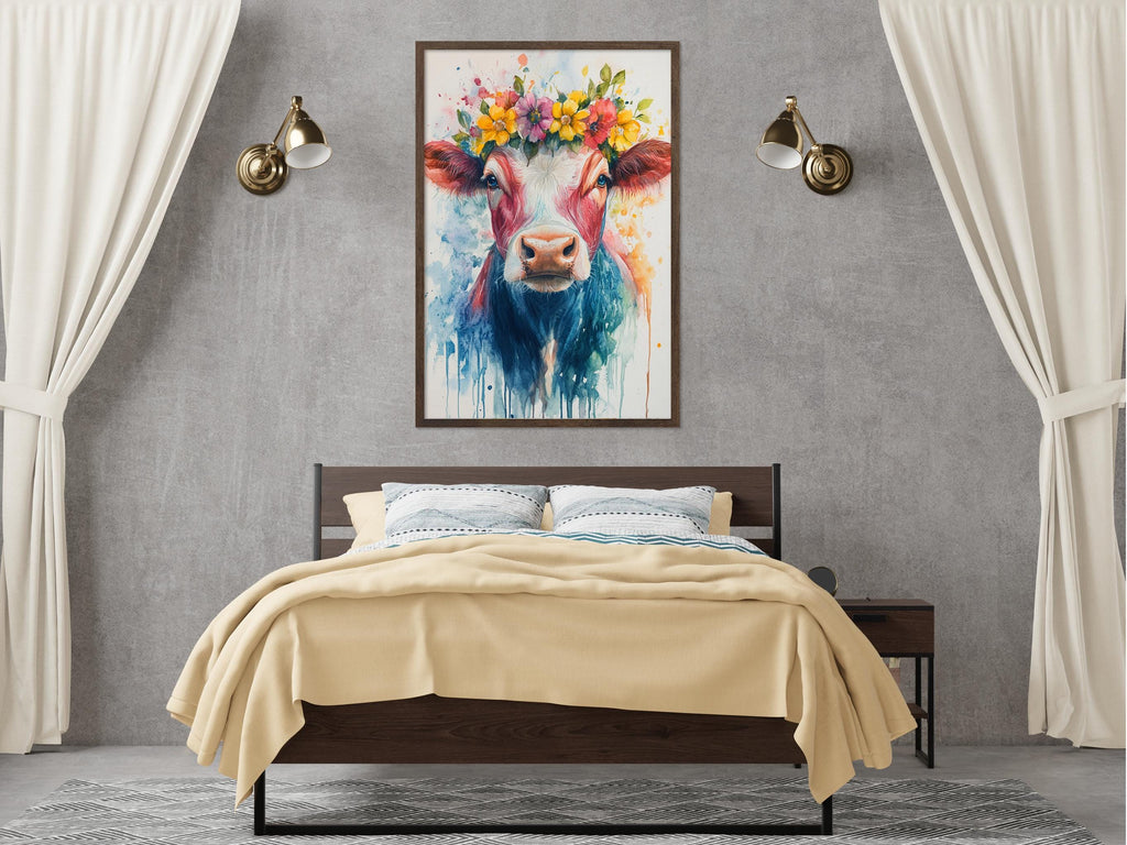 a bedroom with a large bed, a nightstand, and a painting of a cow with a flower crown on the wall above the bed.