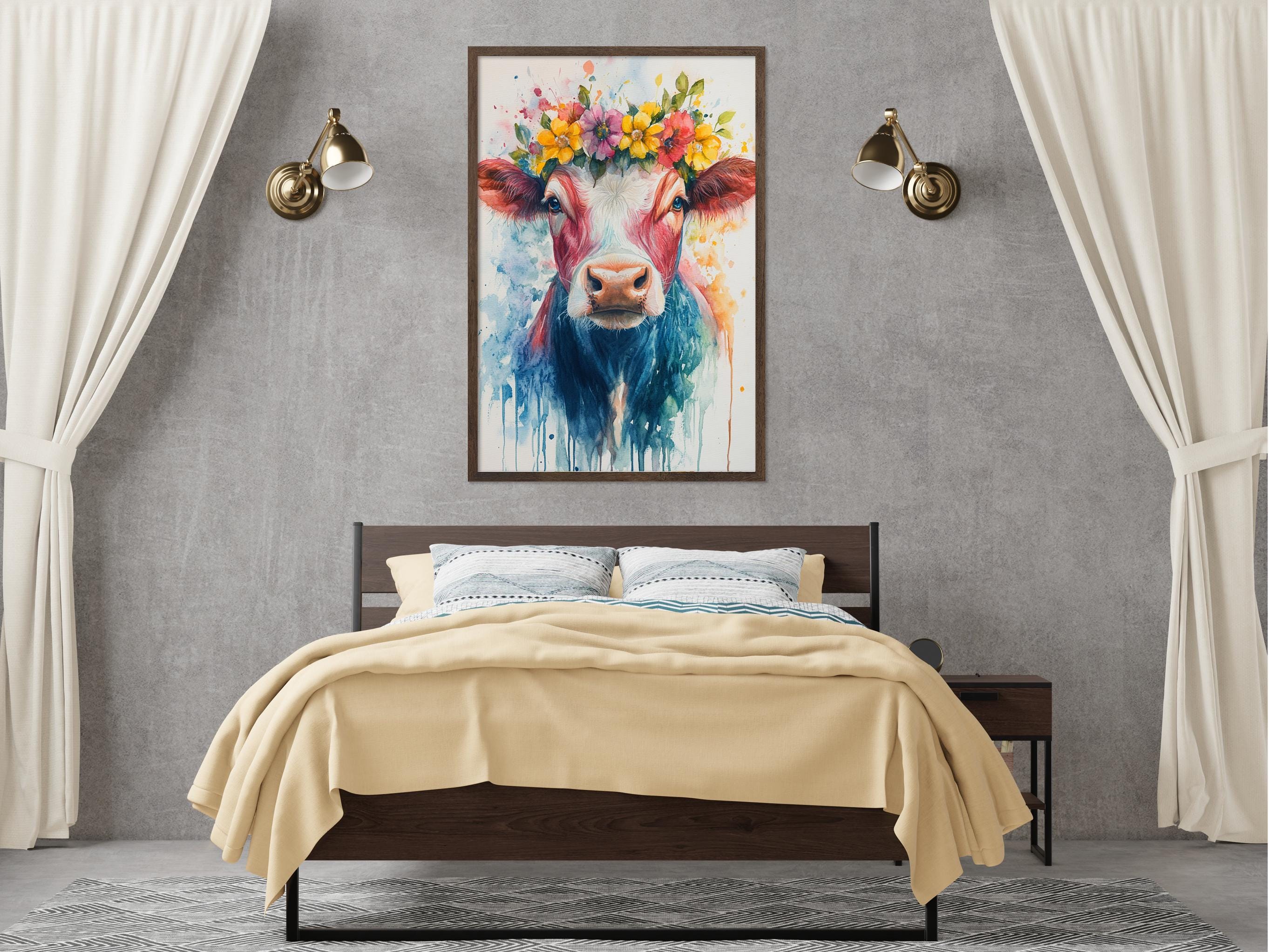 a bedroom with a large bed, a nightstand, and a painting of a cow with a flower crown on the wall above the bed.