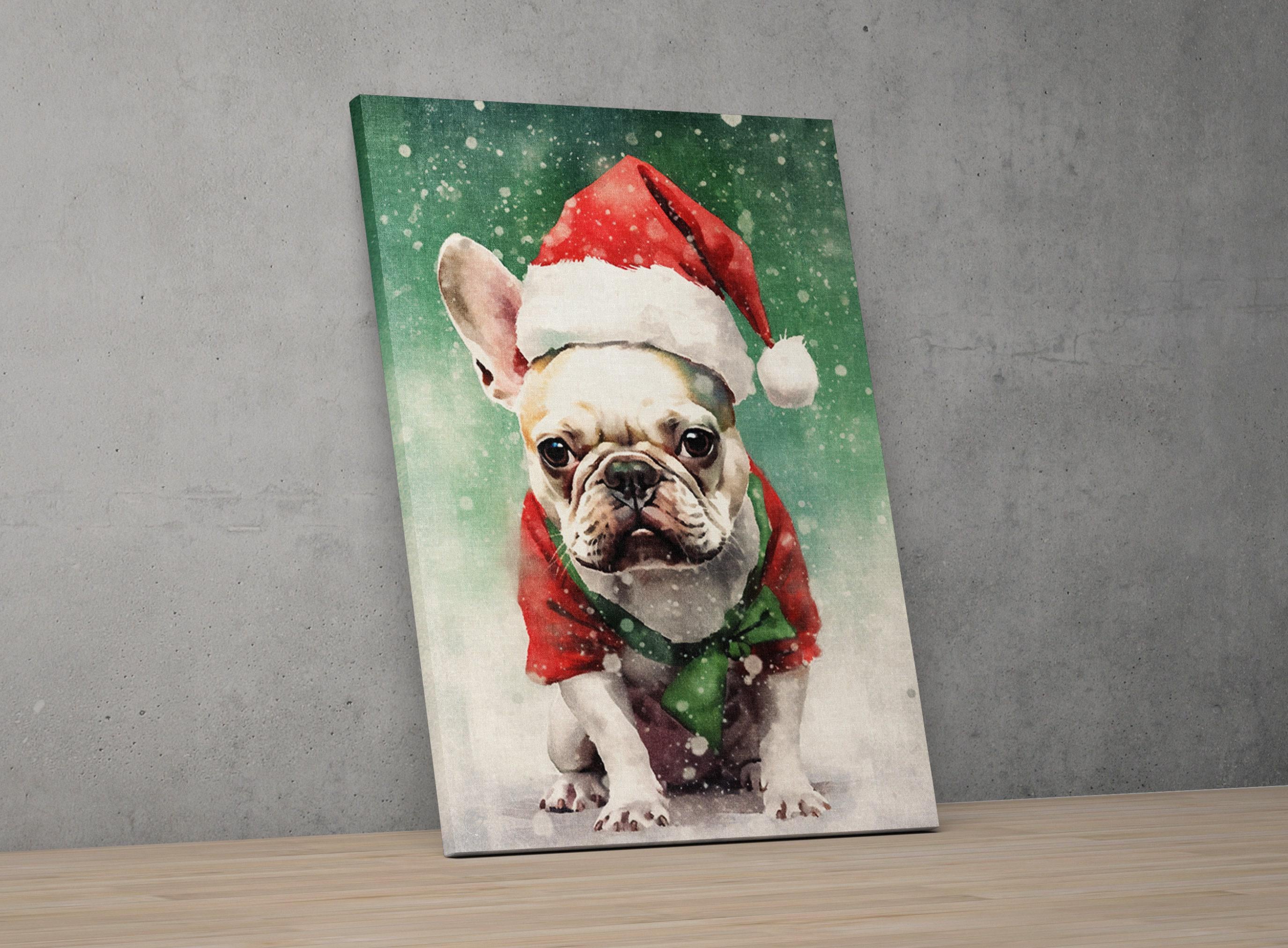 Festive French Bulldog in Santa Hat Watercolor Art, Giclee Print on Canvas, Artist Paper, Watercolor Paper, Available in Extra Large Sizes