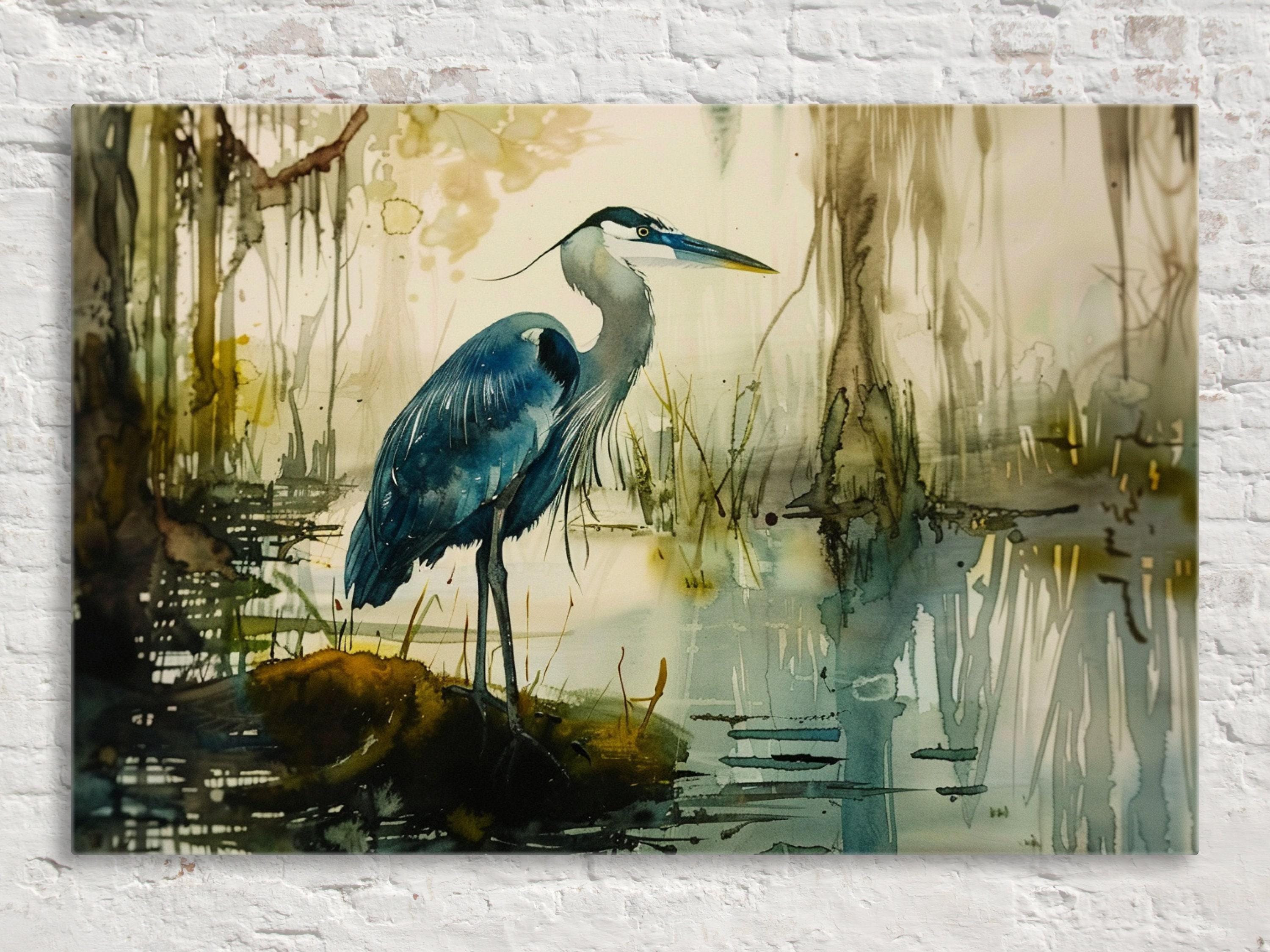 Blue Heron Wall Art – Elegant Alcohol Ink Canvas | Large Gallery Wrapped Print