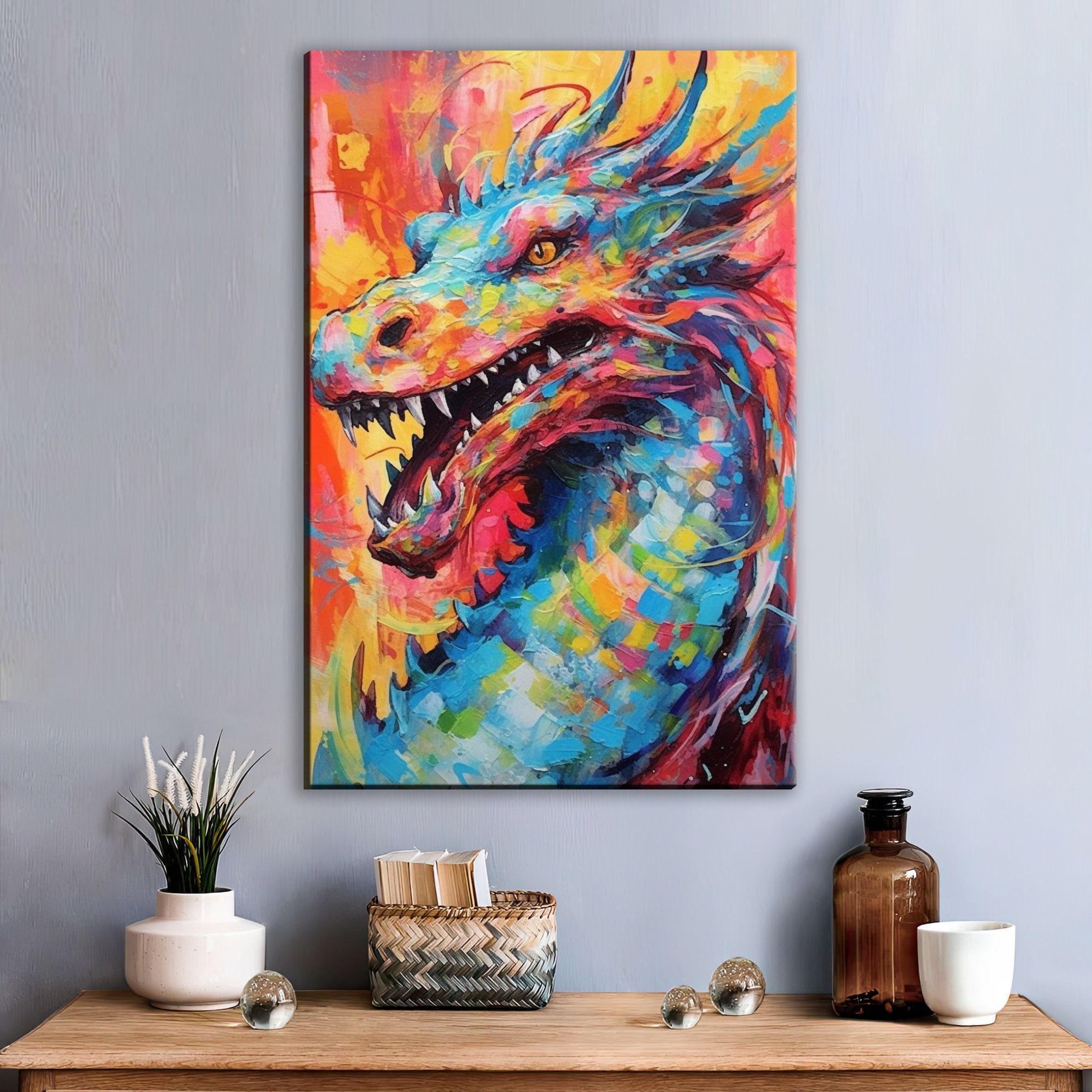 Dragon Canvas Art - Large Pop Art Painting on Gallery Ready Canvas for Fantasy Wall Decor
