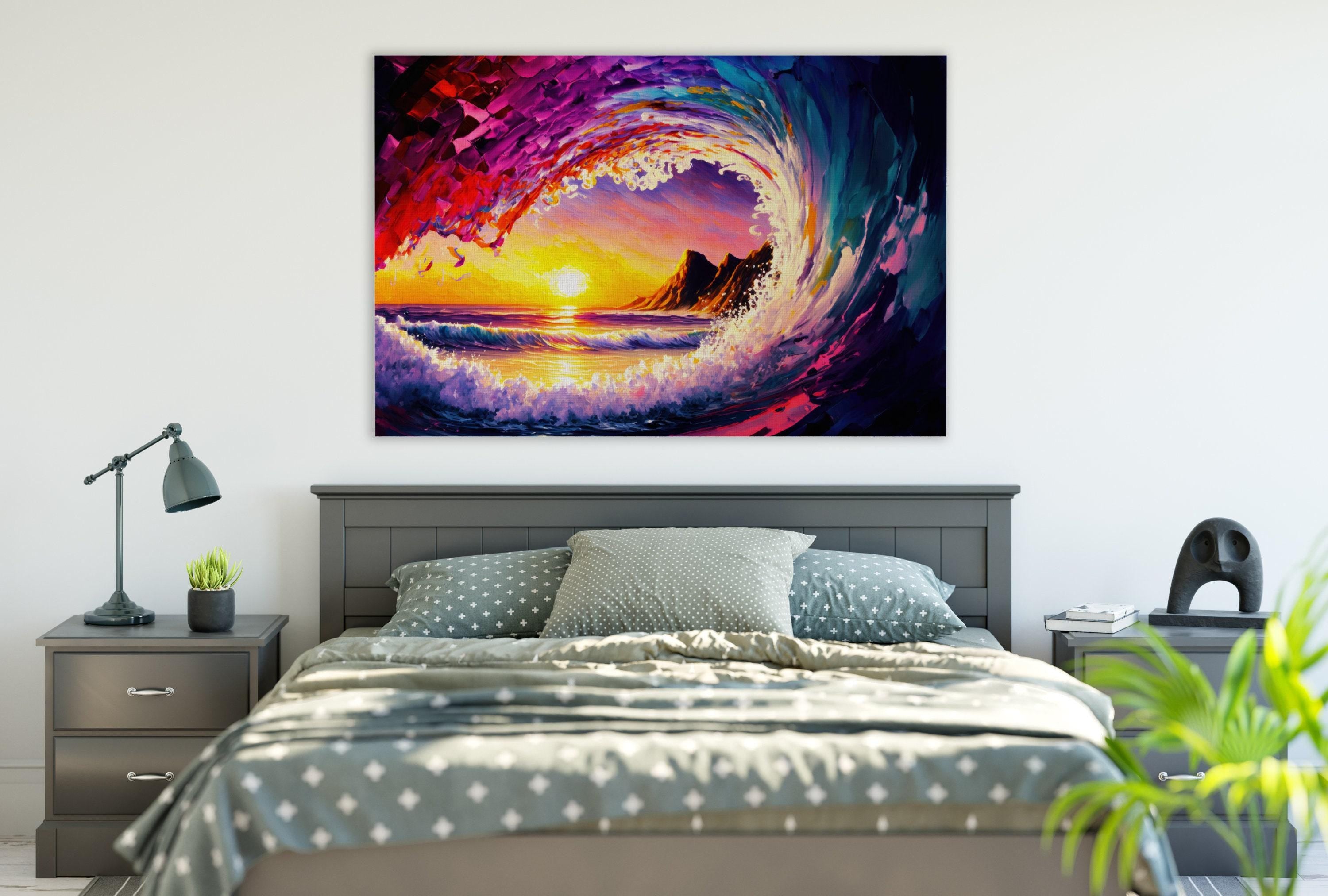 Ocean Wave Canvas Print - Hawaii Surfer Art | Big Wave Art Print, Vibrant Sunset Colors