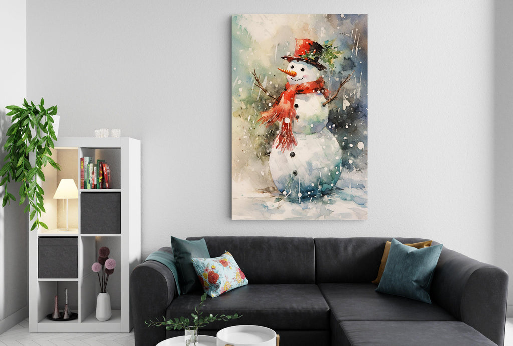 Watercolor Frosty the Snowman - Winter Wonderland Wall Art, Print on Canvas, Artist Paper, Watercolor Paper, Available in Extra Large Sizes