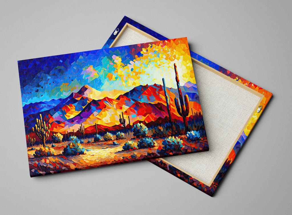 The image is a vibrant, colorful painting depicting a desert landscape with mountains, cacti, and a warm, golden glow from the sun.