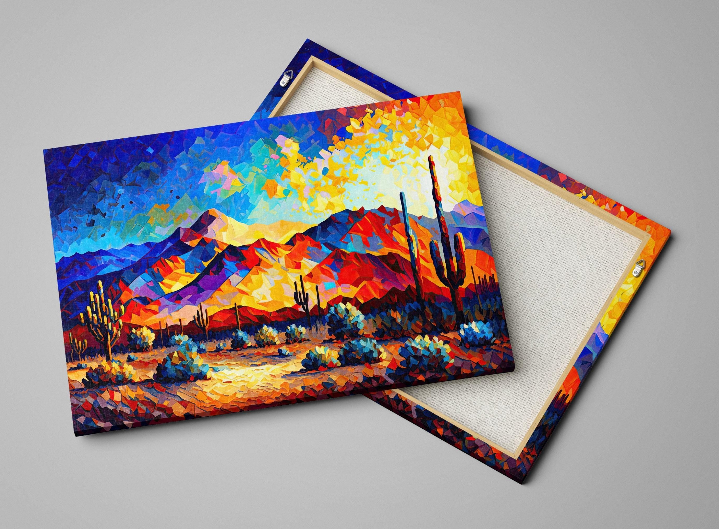 The image is a vibrant, colorful painting depicting a desert landscape with mountains, cacti, and a warm, golden glow from the sun.