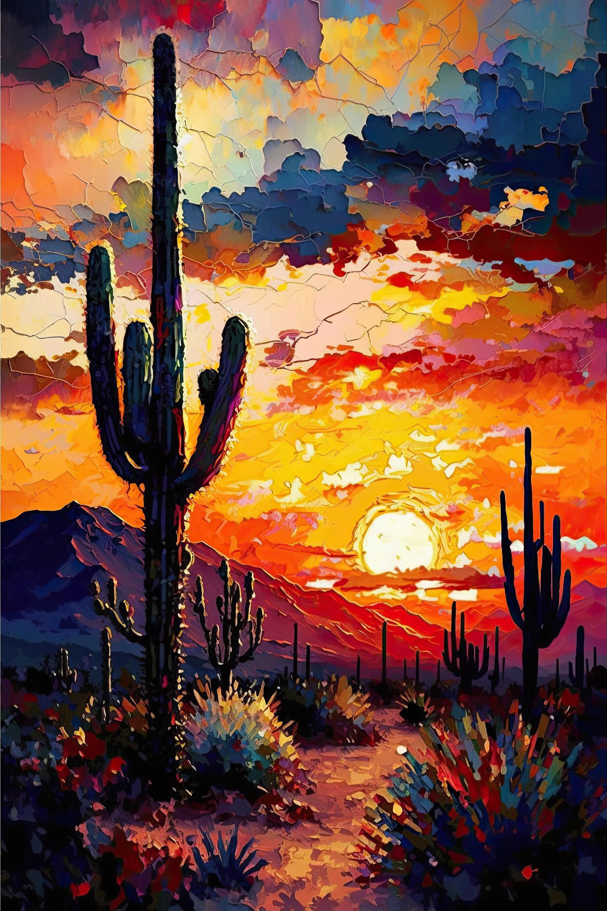 A vibrant desert landscape at sunset, with a towering cactus in the foreground and a colorful sky filled with clouds and the setting sun in the background.