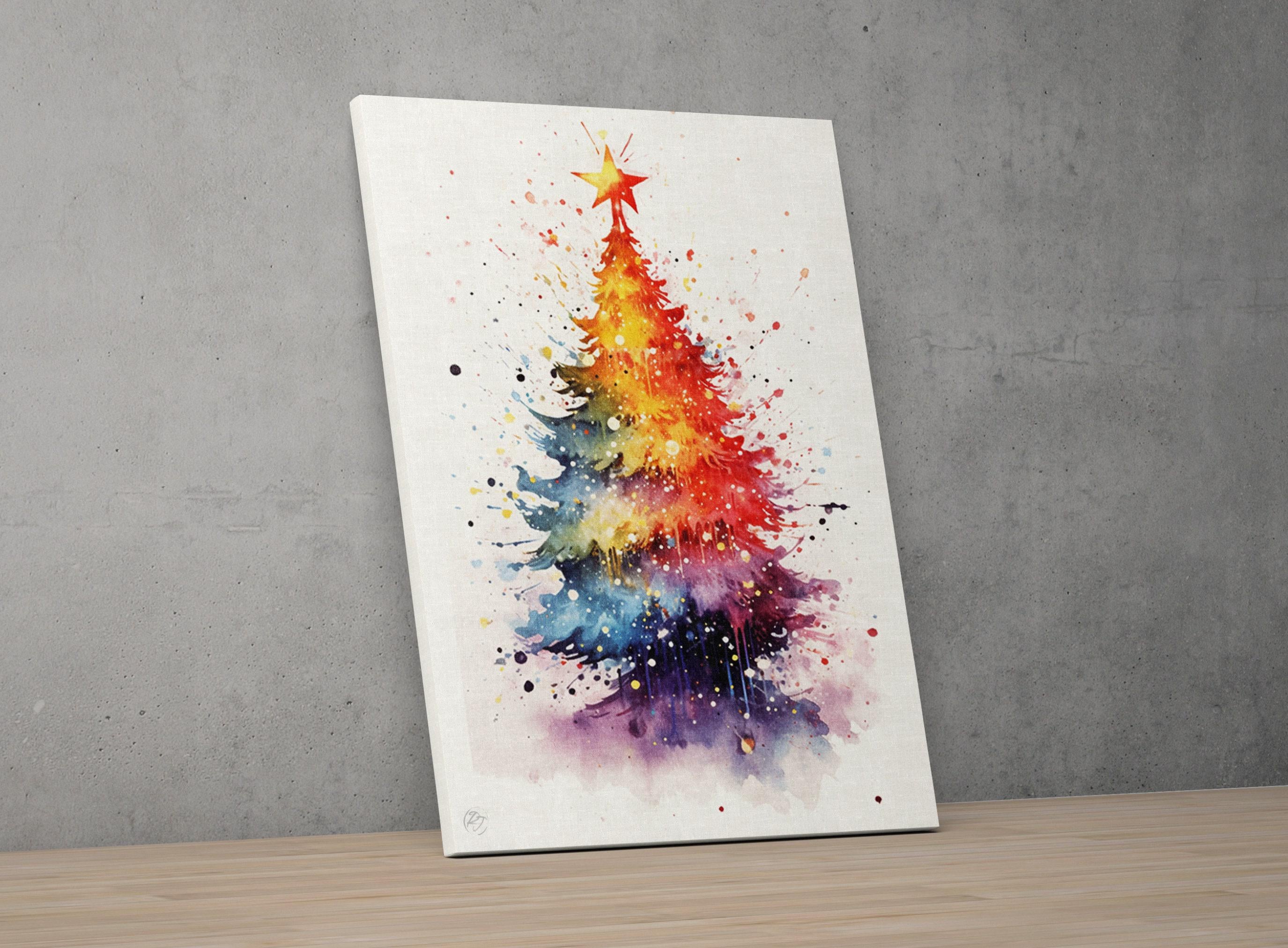 Festive Christmas Tree Watercolor - Christmas Art, Giclee Print on Canvas, Artist Paper, Watercolor Paper, Available in Extra Large Sizes