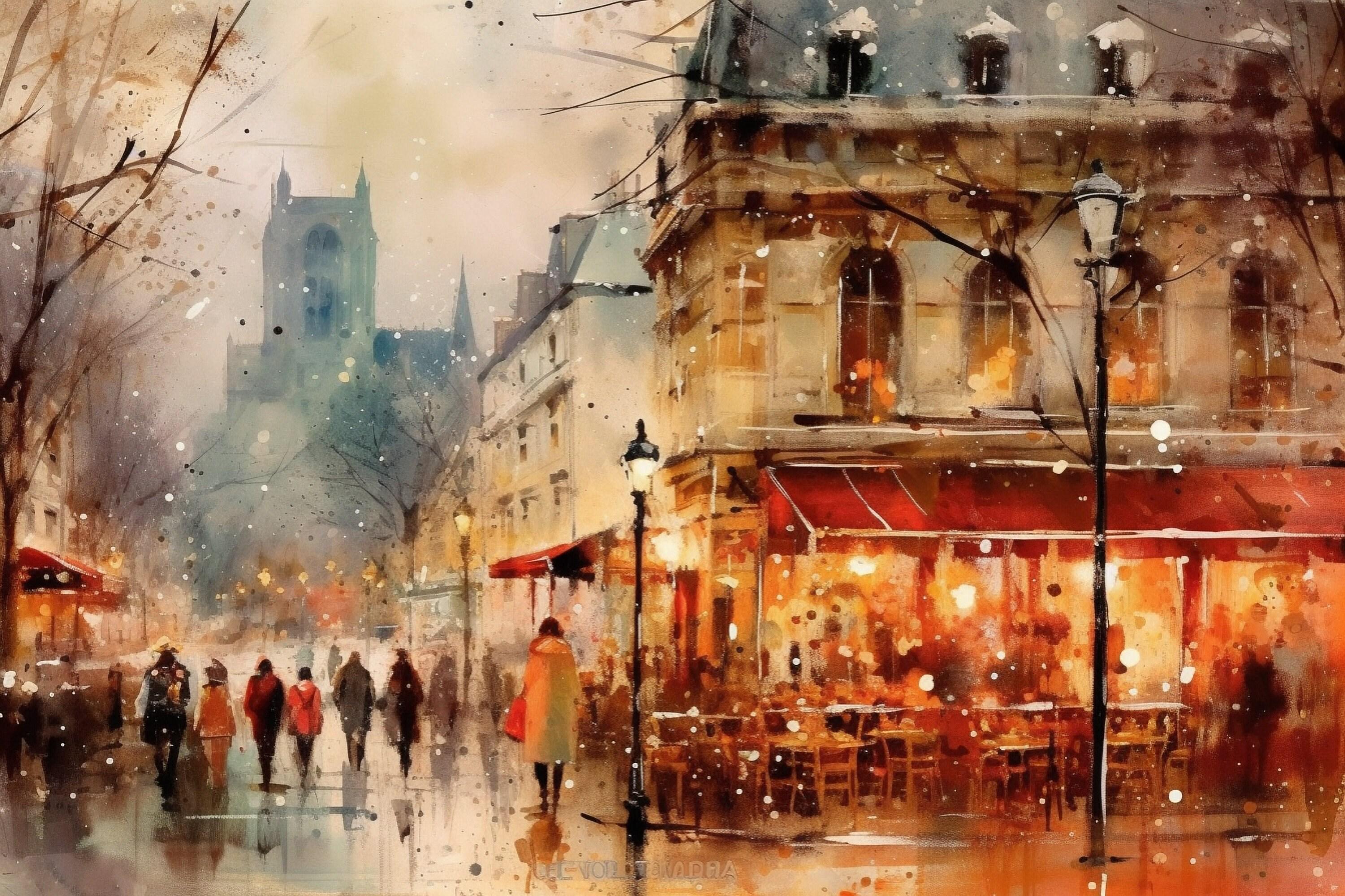 Winter in Paris Watercolor Painting - Holiday Art, Giclee Print on Canvas, Artist Paper, Watercolor Paper, Available in Extra Large Sizes