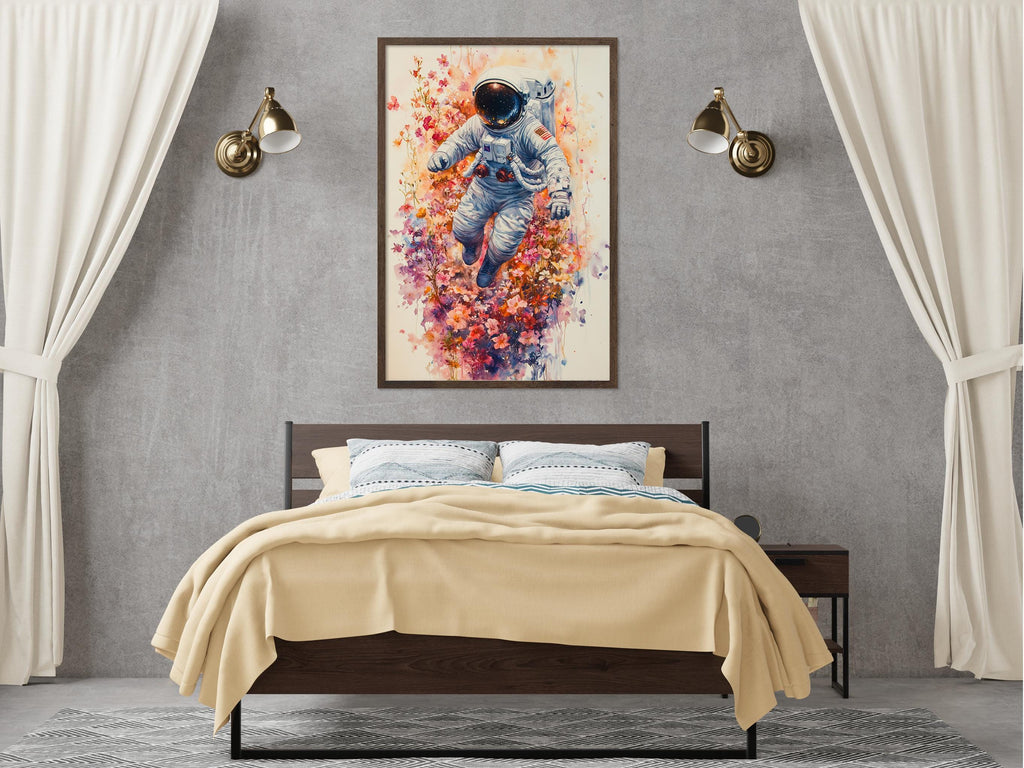 a bedroom with a large painting of an astronaut floating in a colorful, abstract space scene hanging on the wall above a bed with a yellow blanket.