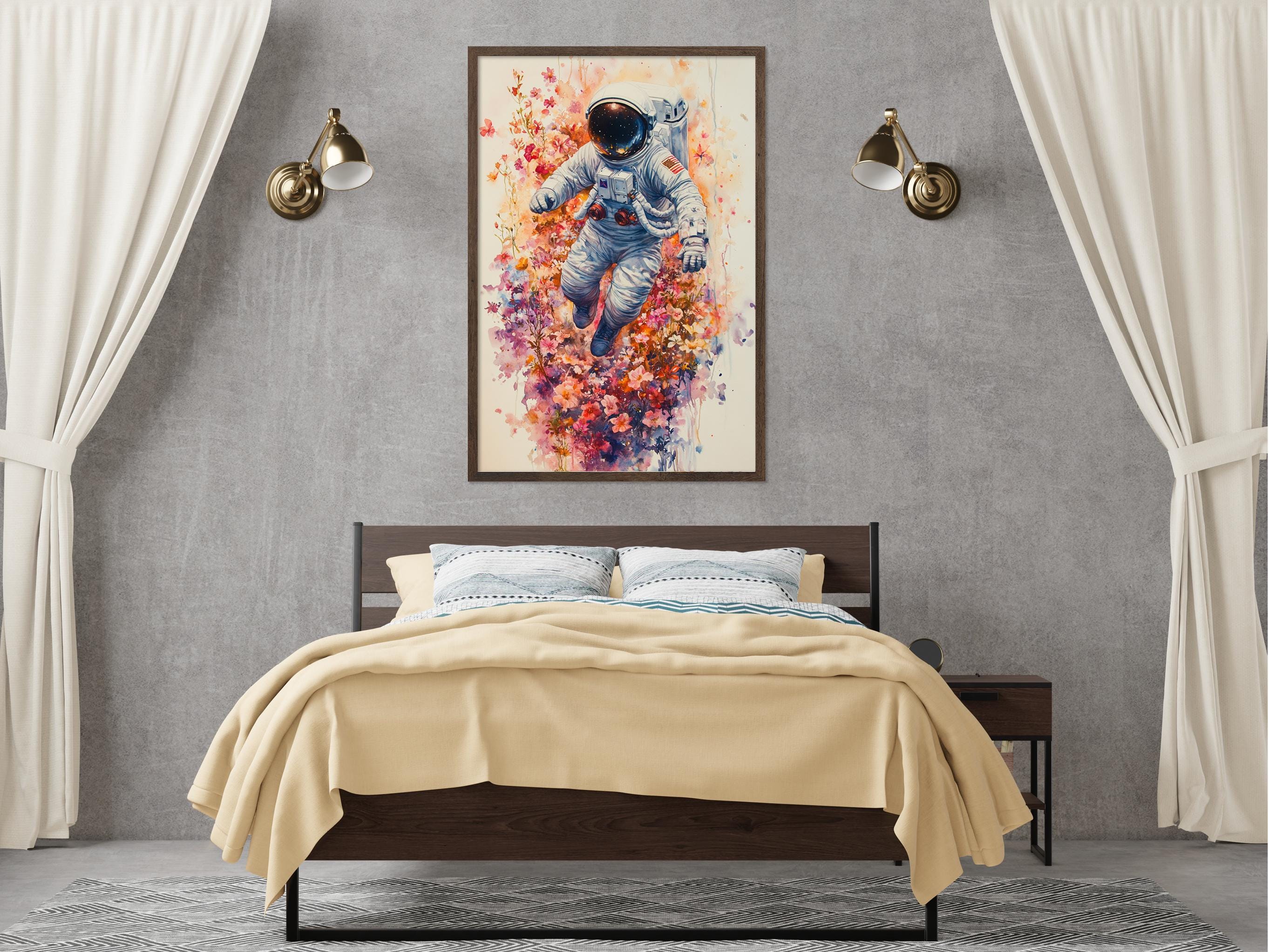a bedroom with a large painting of an astronaut floating in a colorful, abstract space scene hanging on the wall above a bed with a yellow blanket.