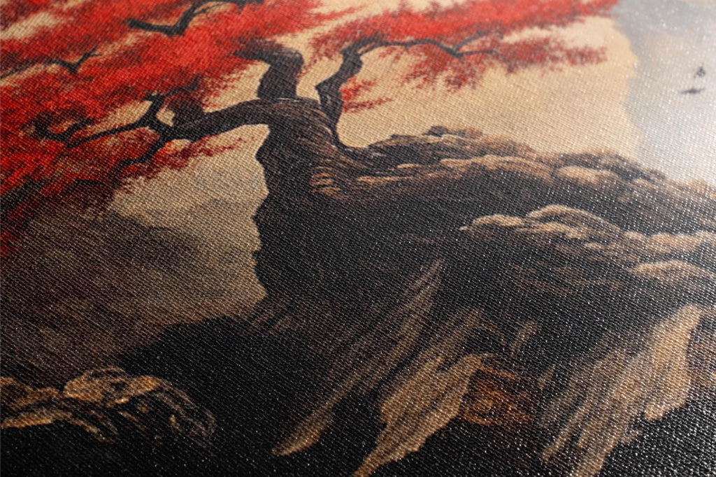 a painting of a tree with red leaves