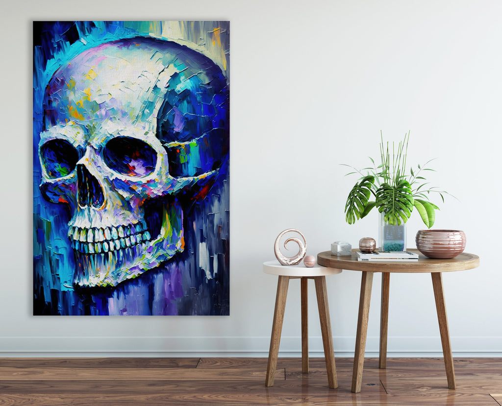 Skull Canvas Art – Blue Skull Painting | Thick Paint, Gallery Ready Canvas Wall Art
