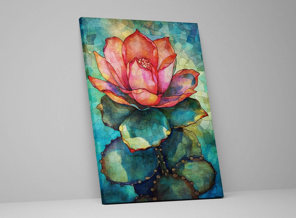 A vibrant painting of a red flower with a green stem and leaves, set against a colorful mosaic background.