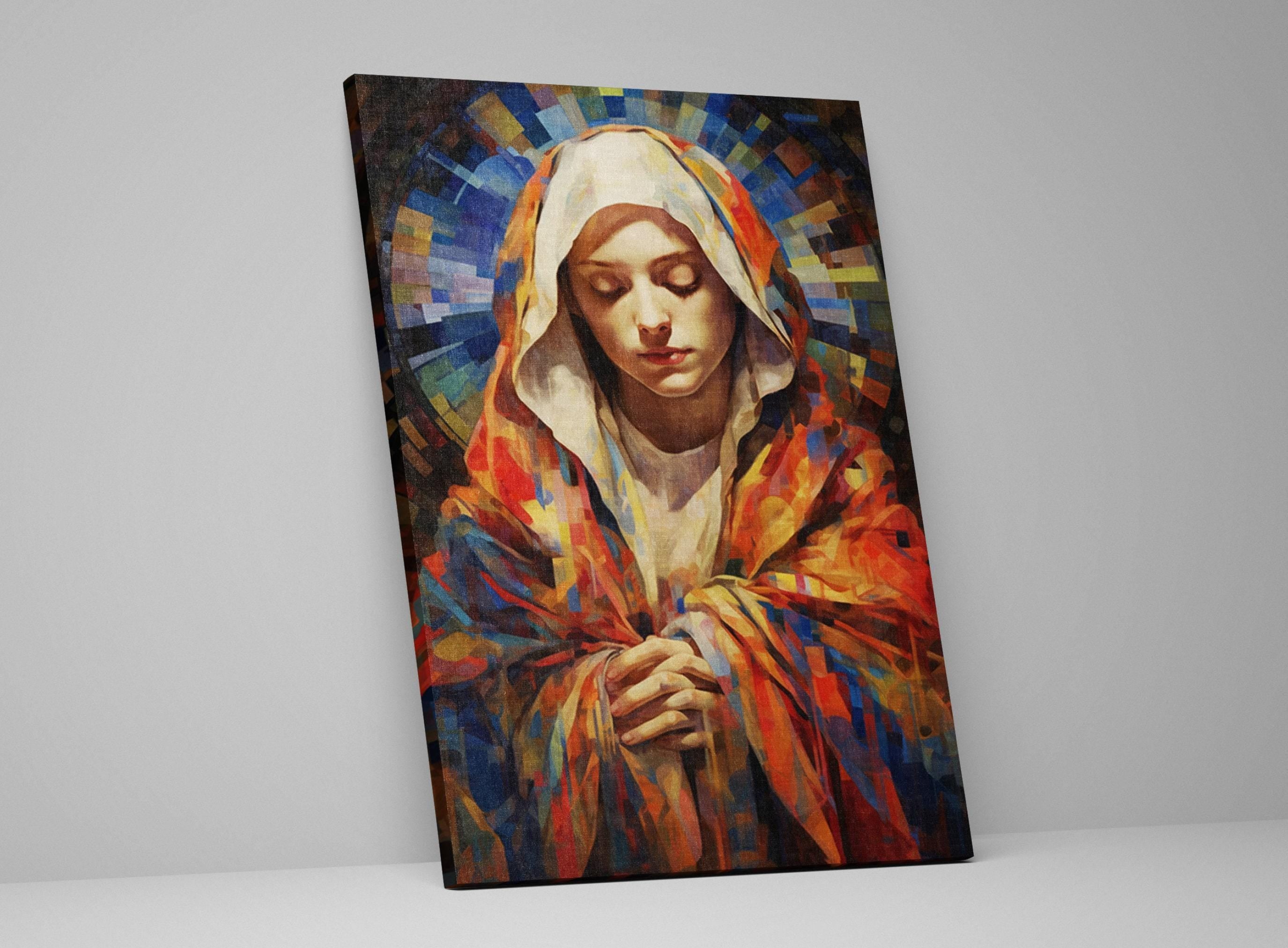 Virgin Mary Canvas Art – Large Gallery Wrapped Canvas with Soft Hues & Wood Frame