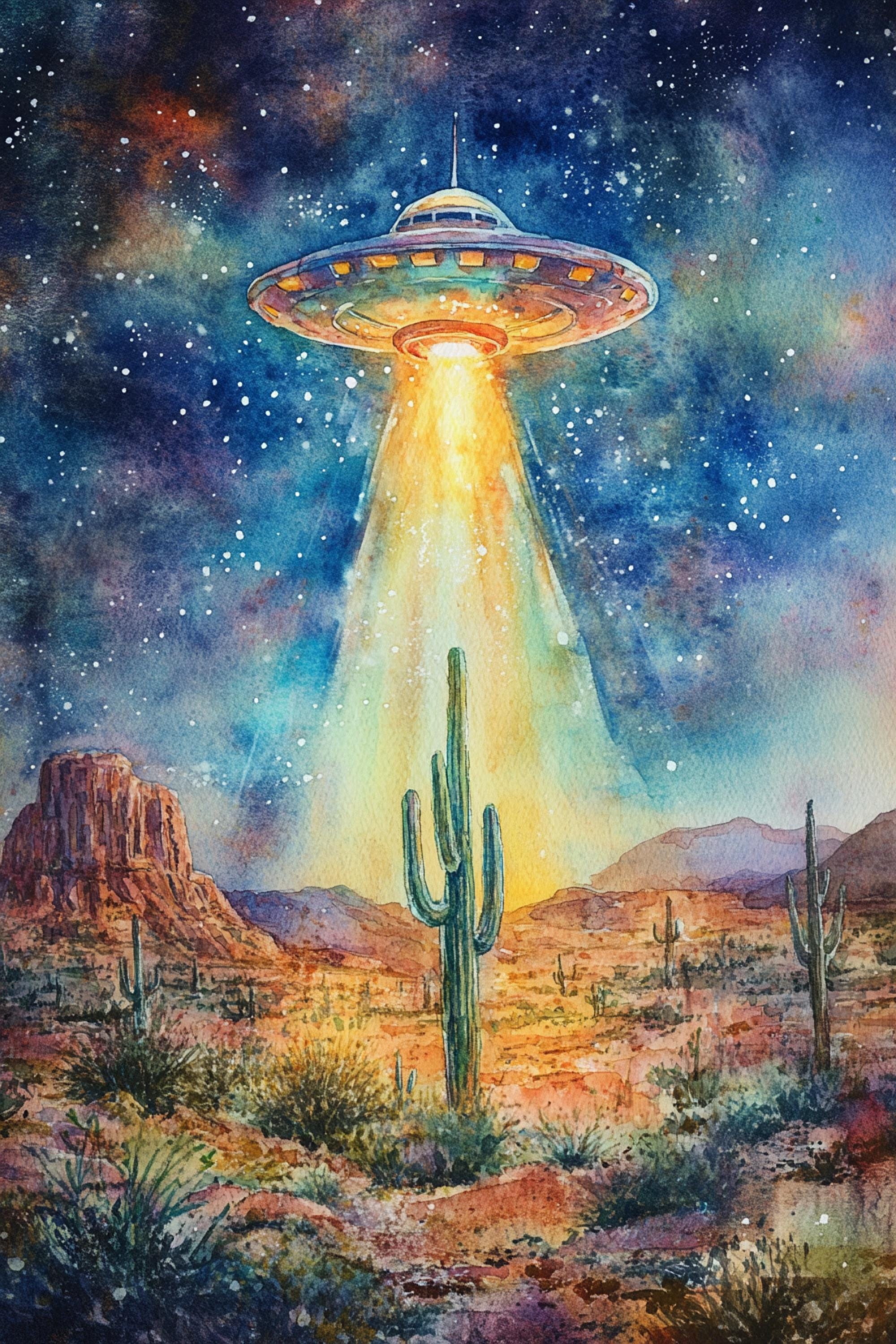 A watercolor painting depicting a large, colorful alien spacecraft hovering over a desert landscape with cacti and mountains in the background, under a starry night sky.