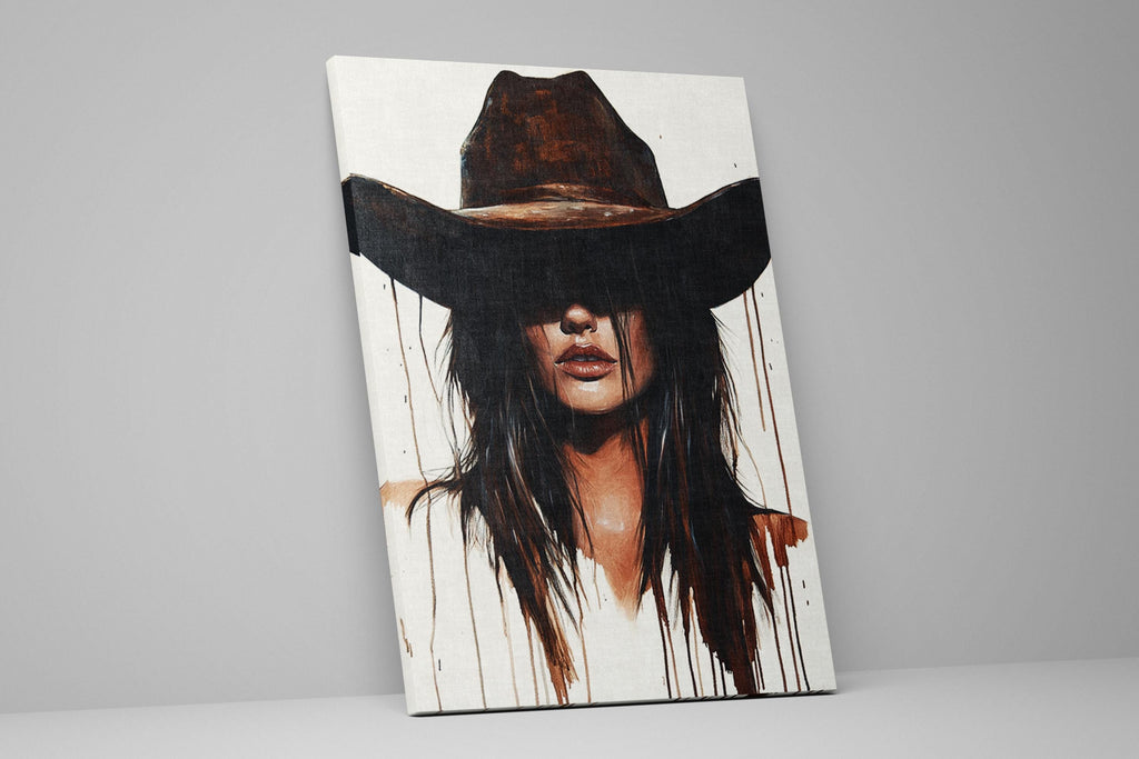 a painting of a woman wearing a cowboy hat