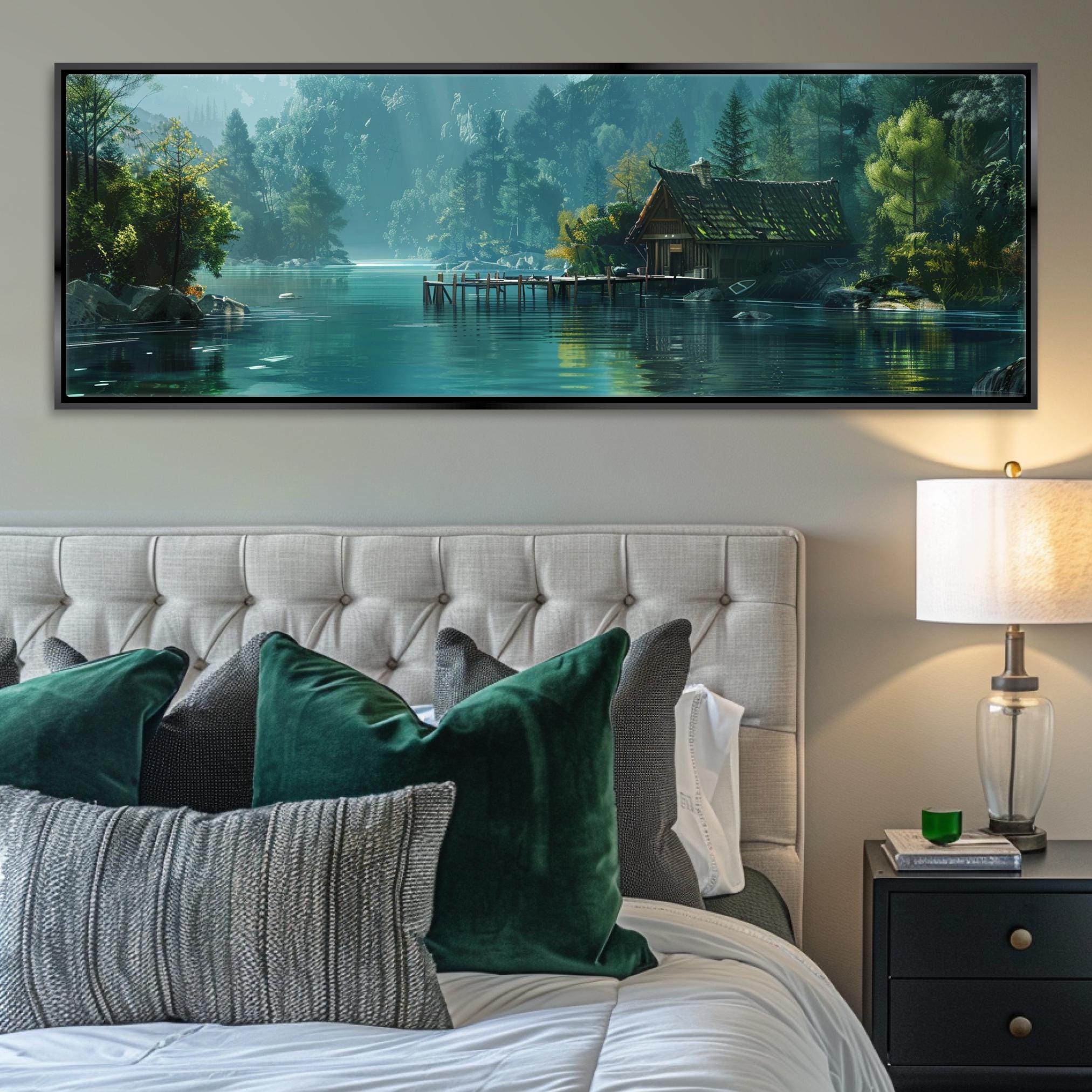 a bedroom with a bed and a painting on the wall