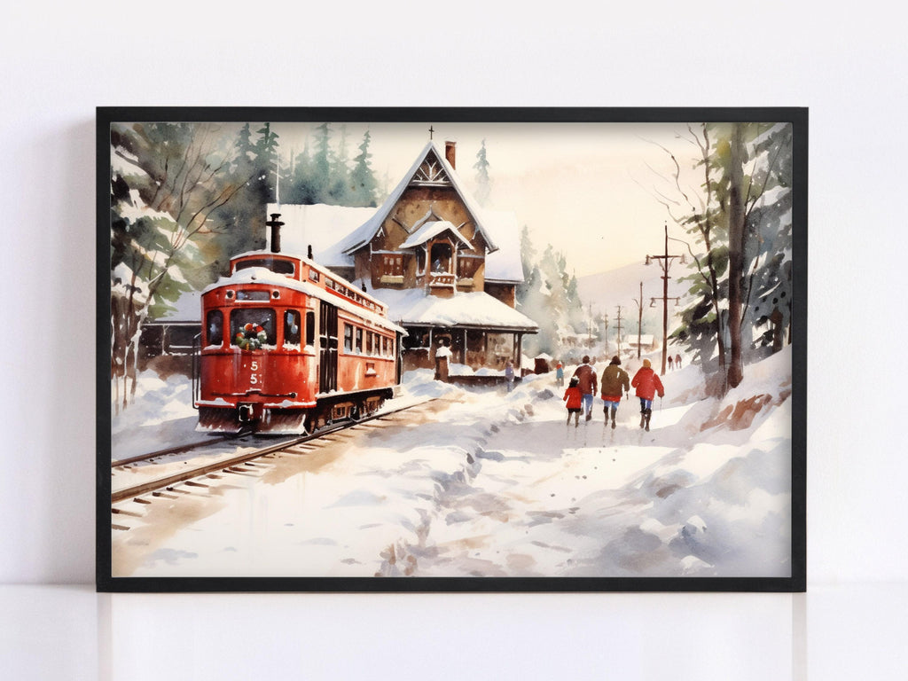 Winter Train Station Watercolor - Christmas Wall Art, Giclee Print on Canvas, Artist Paper, Watercolor Paper, Available in Extra Large Sizes