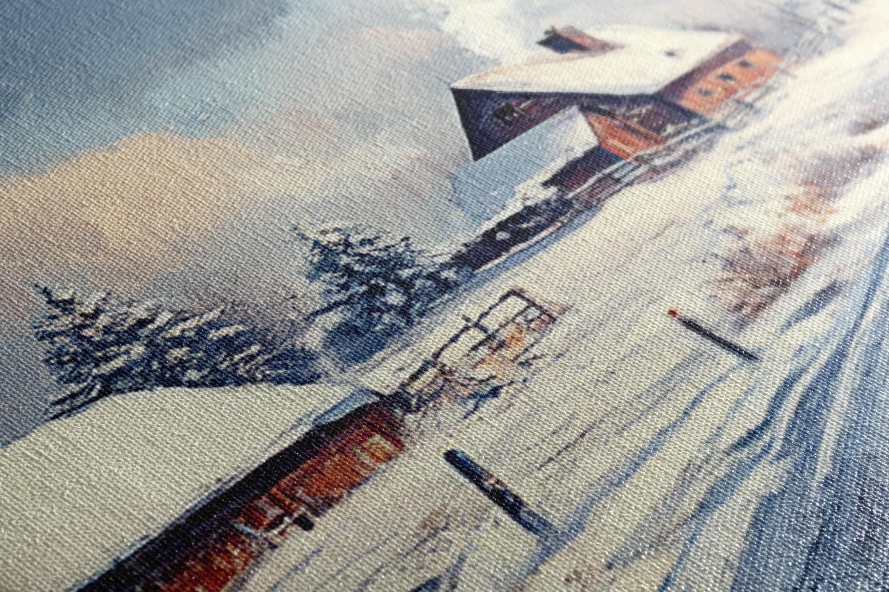 a painting of a house in the snow