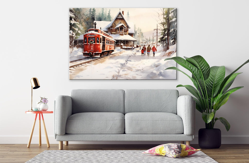 Winter Train Station Watercolor - Christmas Wall Art, Giclee Print on Canvas, Artist Paper, Watercolor Paper, Available in Extra Large Sizes