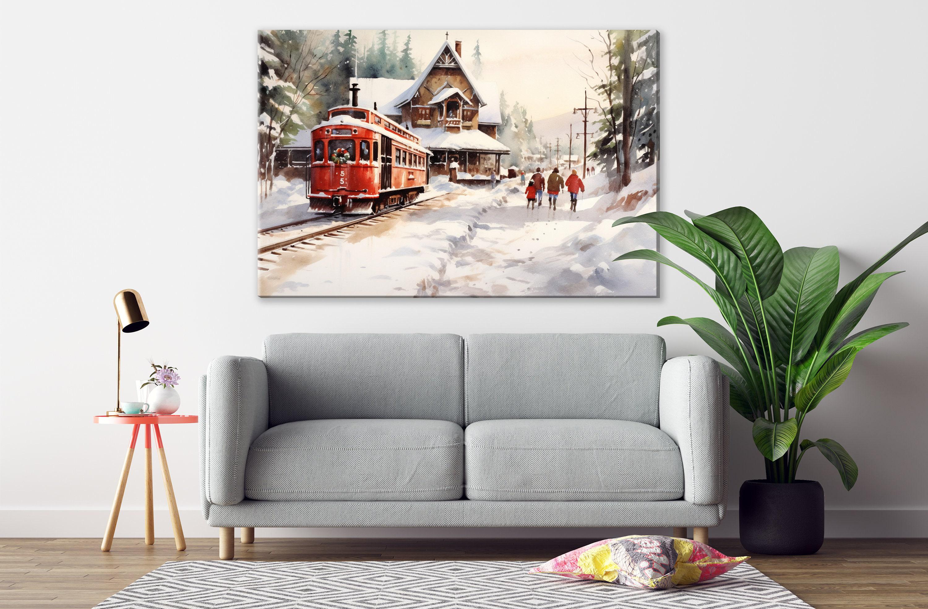 Winter Train Station Watercolor - Christmas Wall Art, Giclee Print on Canvas, Artist Paper, Watercolor Paper, Available in Extra Large Sizes
