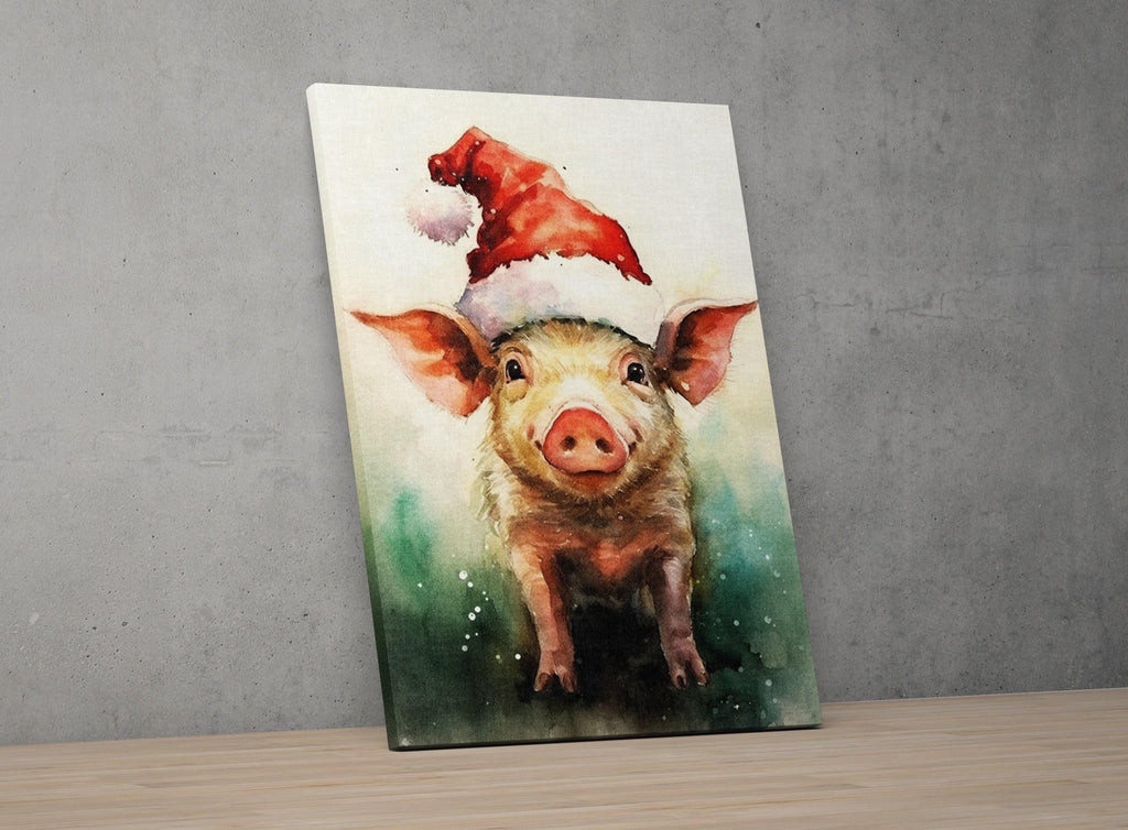 Festive Pig in Santa Hat Watercolor -  Christmas Art, Giclee Print on Canvas, Artist Paper, Watercolor Paper, Available in Extra Large Sizes