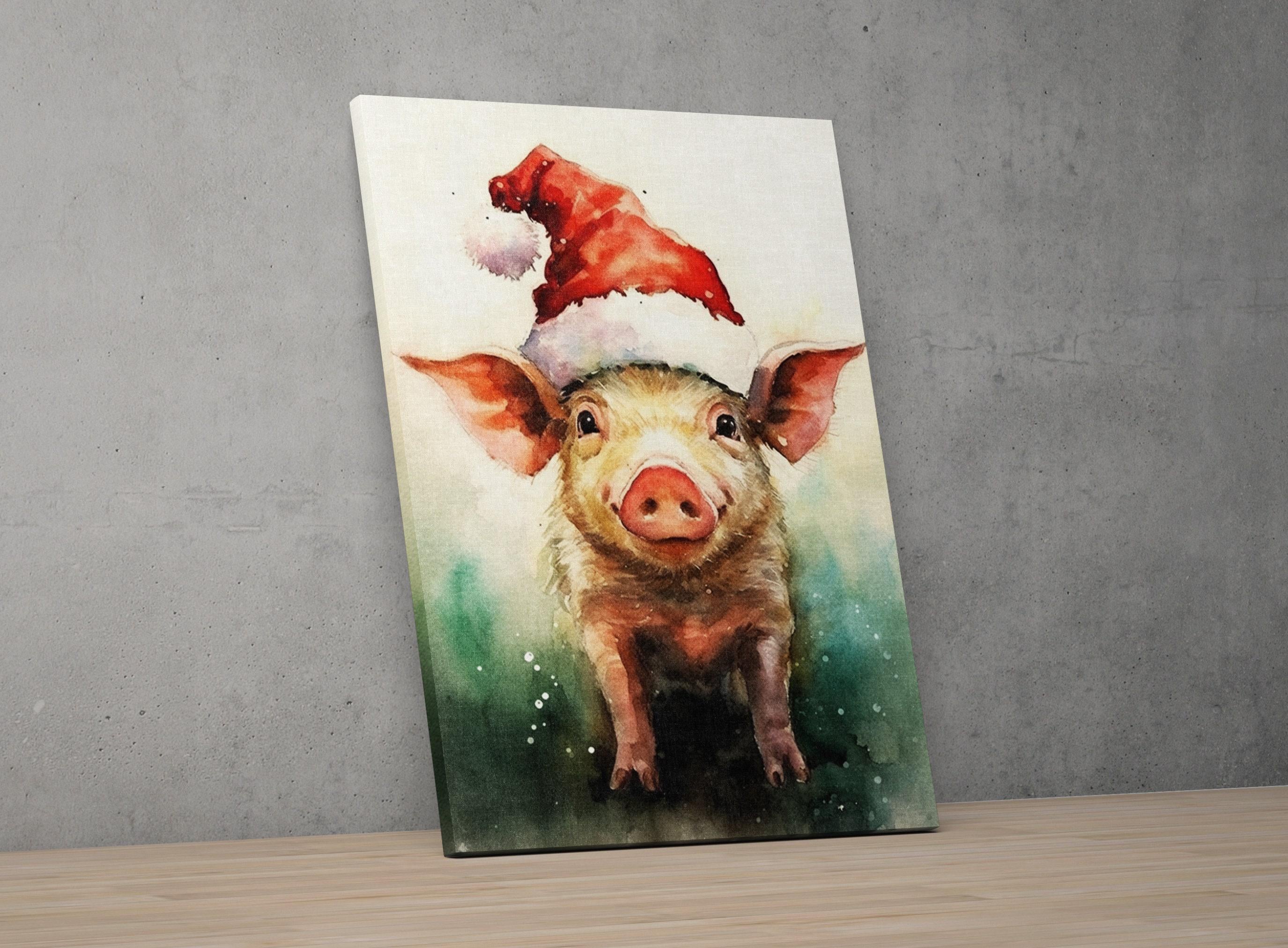 Festive Pig in Santa Hat Watercolor -  Christmas Art, Giclee Print on Canvas, Artist Paper, Watercolor Paper, Available in Extra Large Sizes