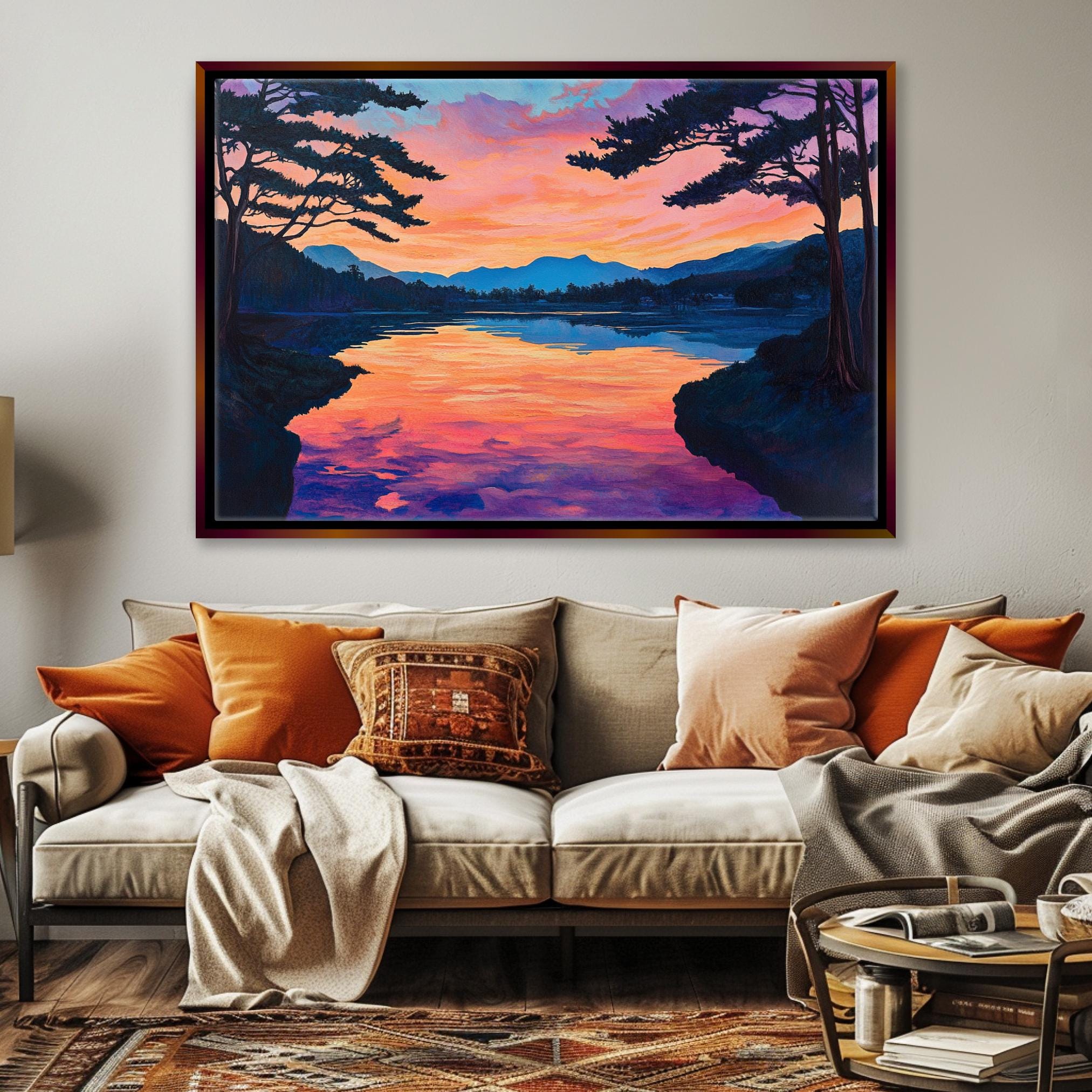 a living room with a couch and a painting on the wall