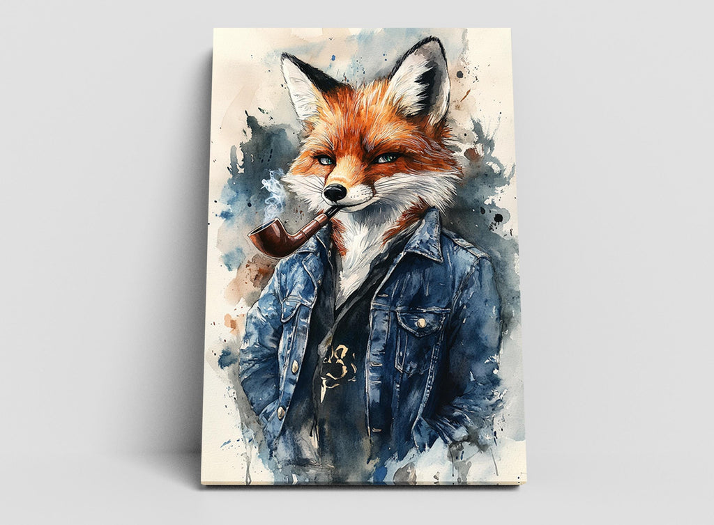 a fox wearing a blue denim jacket and smoking a pipe.