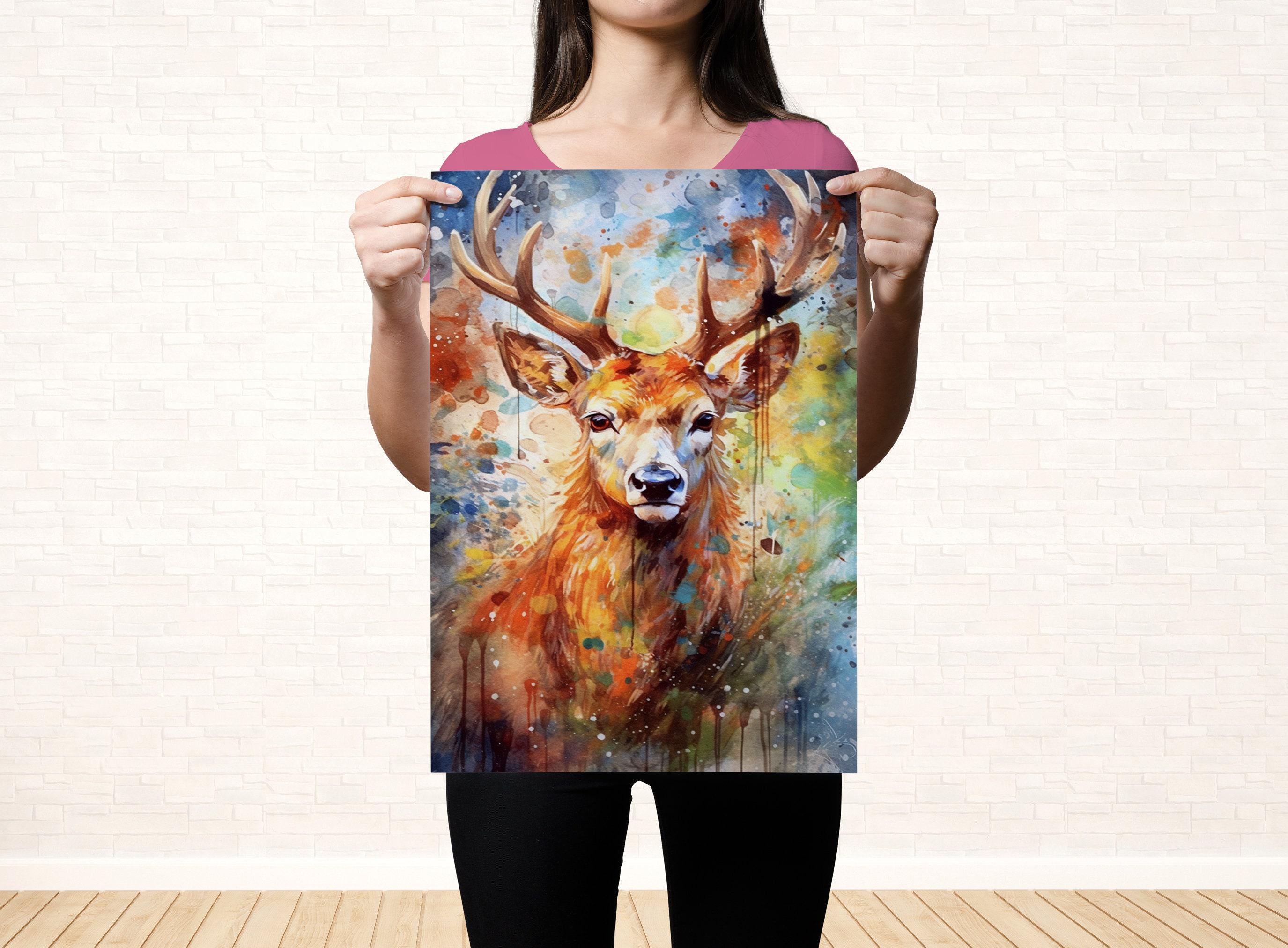 Whimsical Reindeer - Festive Christmas Watercolor, Giclee Print on Canvas, Artist Paper, Watercolor Paper, Available in Extra Large Sizes