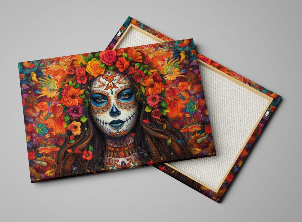 a colorful and intricate depiction of a Day of the Dead-inspired woman with a skull-like face, surrounded by a vibrant floral arrangement.