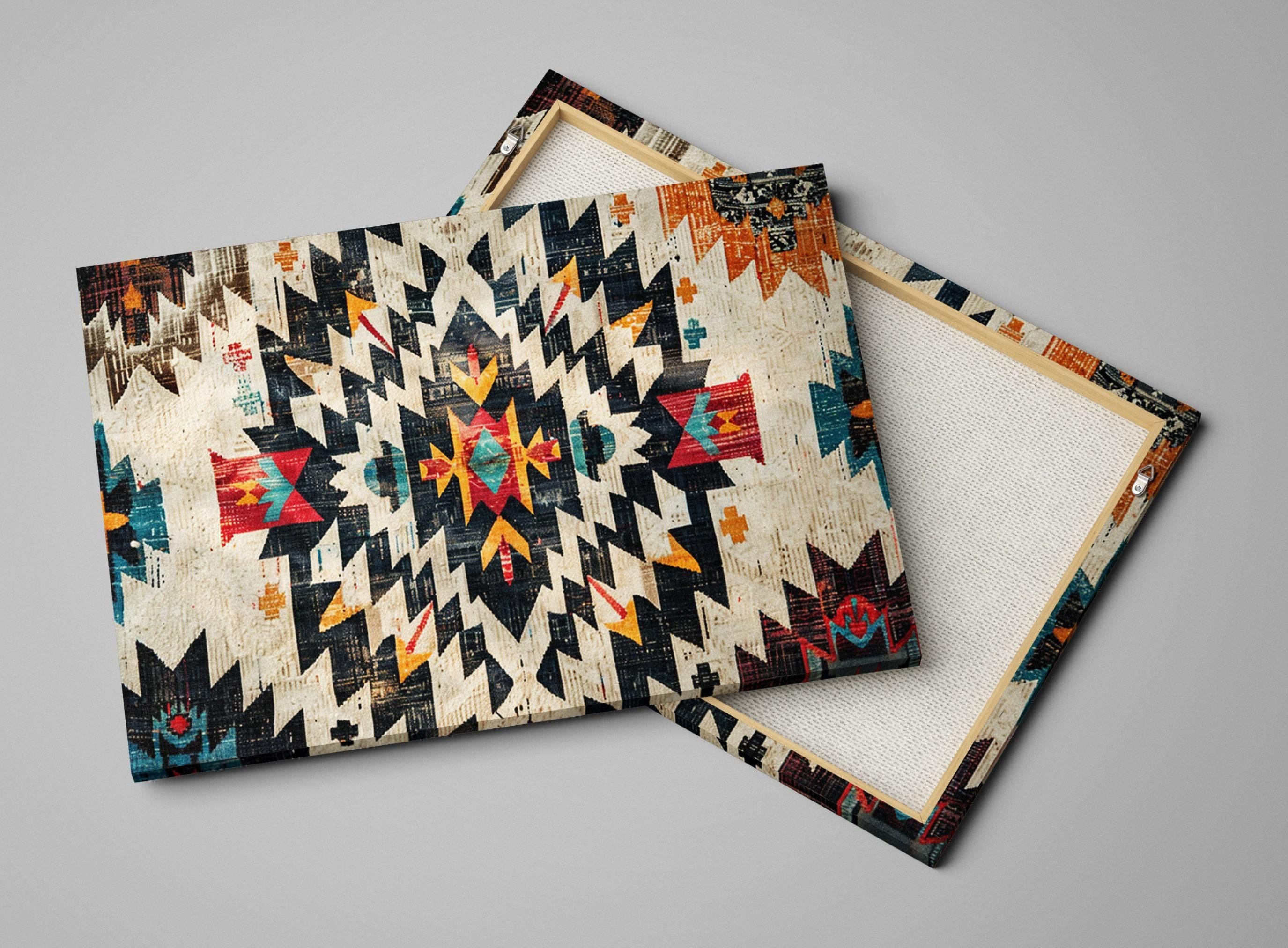 a vibrant, colorful, and intricate pattern with a geometric design, including various shapes and colors such as red, blue, green, and yellow.