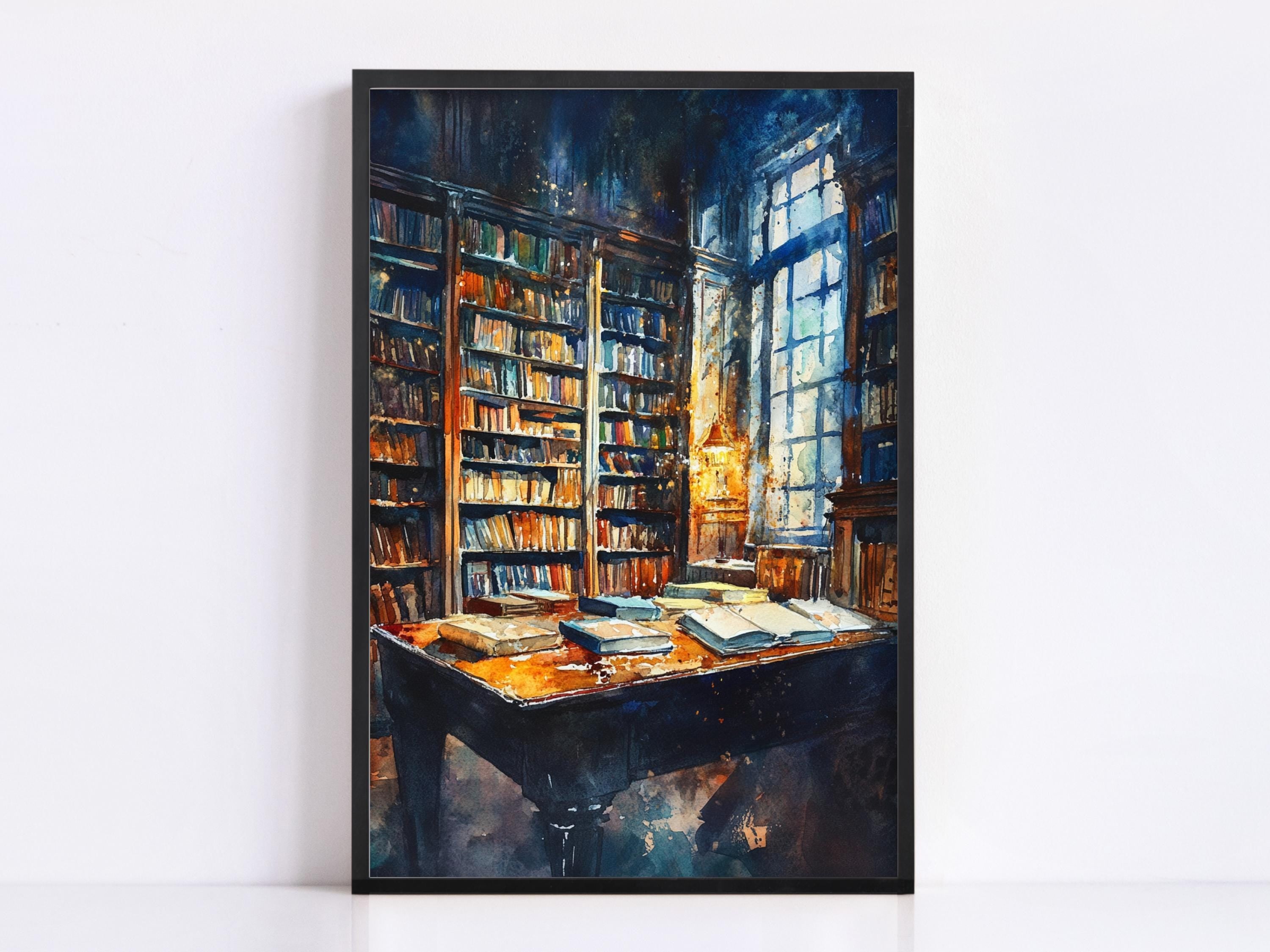 The image is a painting depicting a library scene with a large bookshelf filled with books, a table with books, and a window providing natural light.