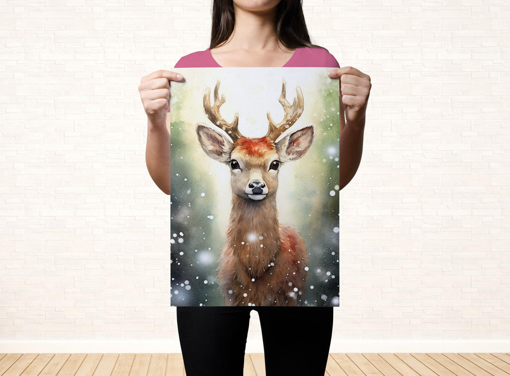 Baby Reindeer Watercolor - Festive Christmas Art, Giclee Print on Canvas, Artist Paper, Watercolor Paper, Available in Extra Large Sizes