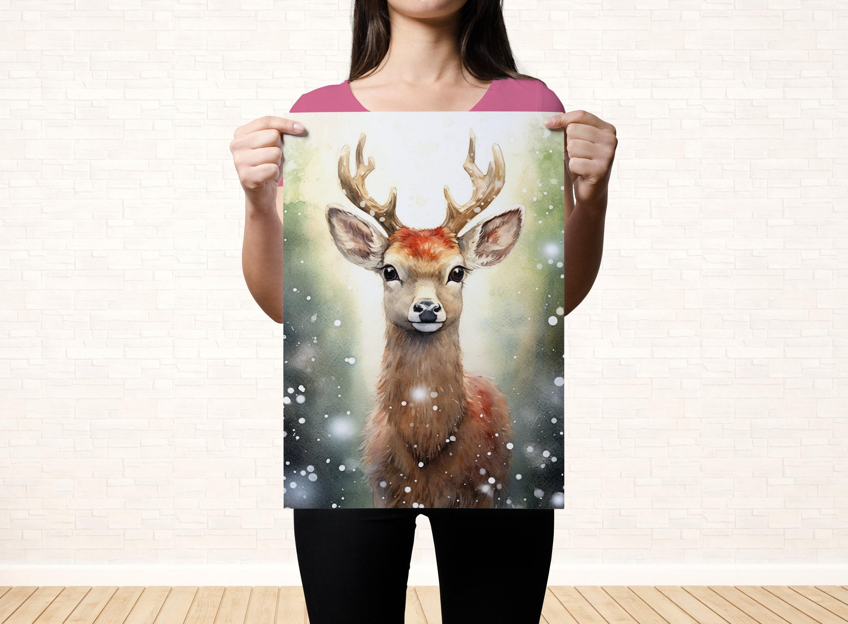 Baby Reindeer Watercolor - Festive Christmas Art, Giclee Print on Canvas, Artist Paper, Watercolor Paper, Available in Extra Large Sizes