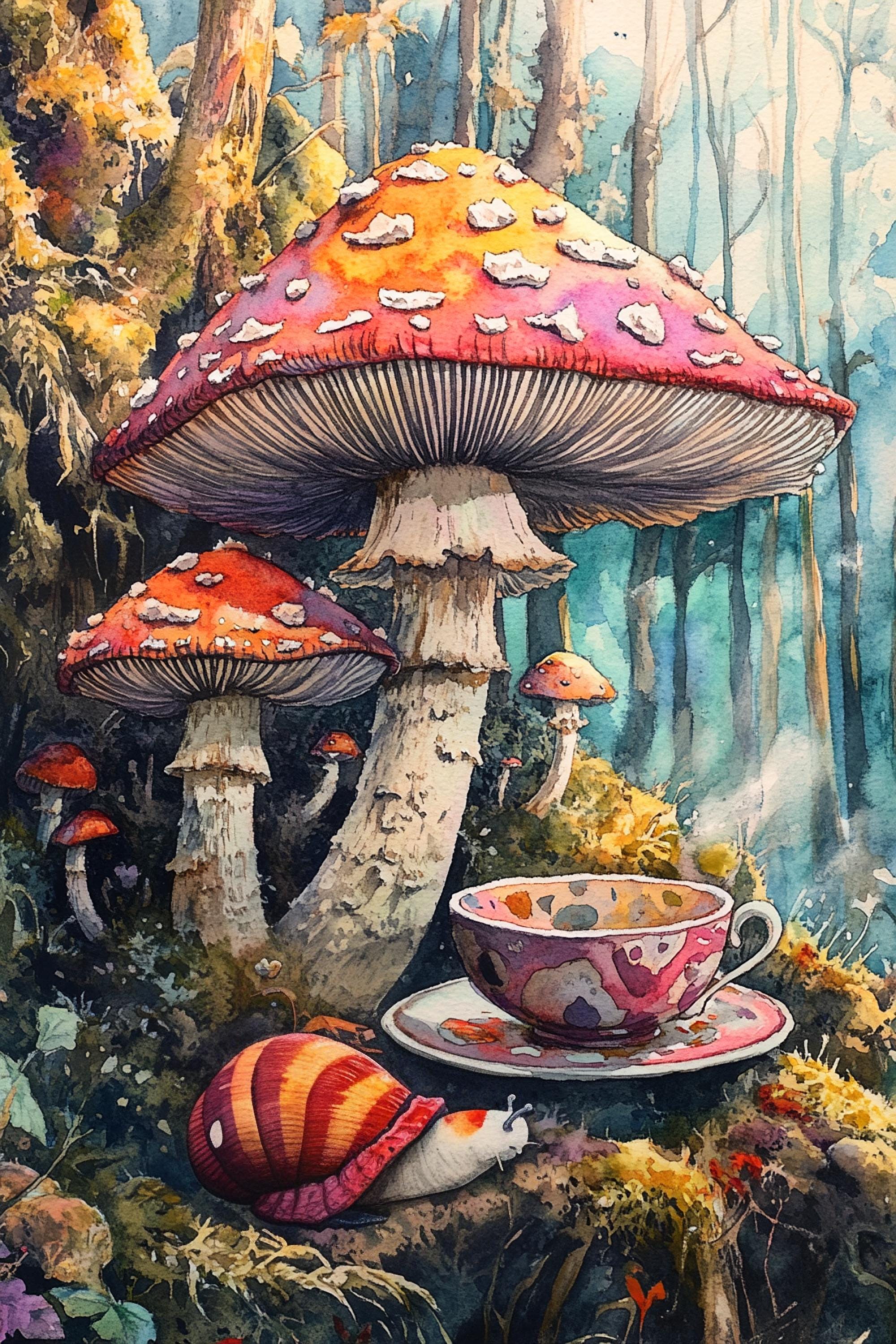 A whimsical scene featuring a large, colorful mushroom with a cup of tea on a saucer, surrounded by a forest setting with other mushrooms and a snail.