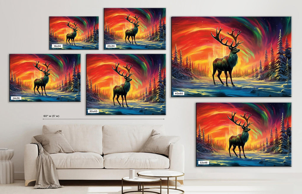 Winter Elk Canvas - Northern Lights Art | Extra Large Gallery Wrapped Print