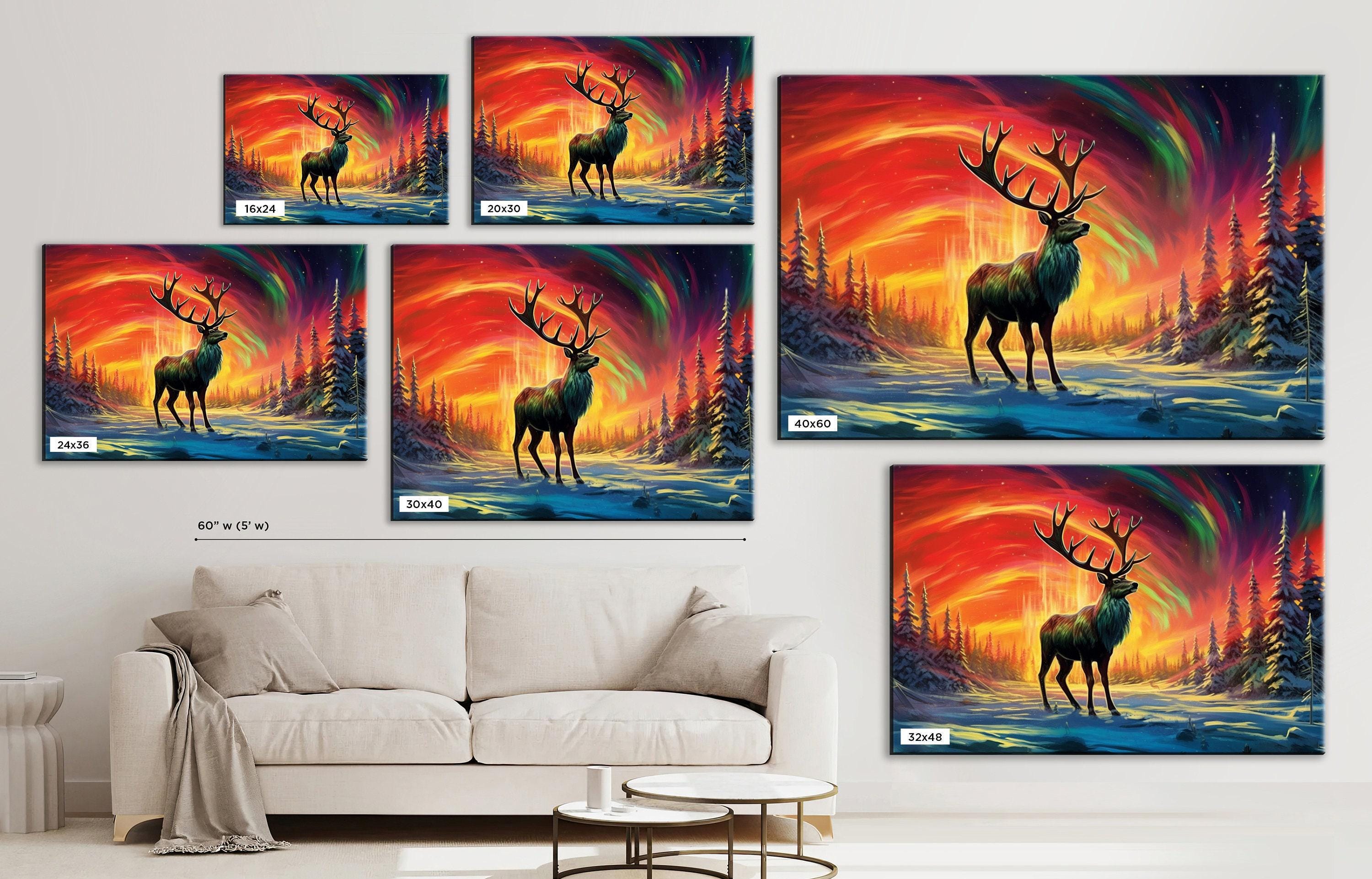 Winter Elk Canvas - Northern Lights Art | Extra Large Gallery Wrapped Print