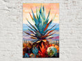 A vibrant, abstract painting depicting a colorful cactus plant against a backdrop of a desert landscape with mountains in the distance.