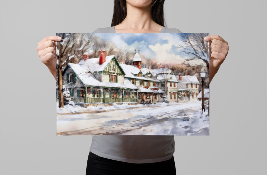 Traditional Christmas Scene Watercolor Art - Snowy Winter, Print on Canvas, Artist Paper, Watercolor Paper, Available in Extra Large Sizes