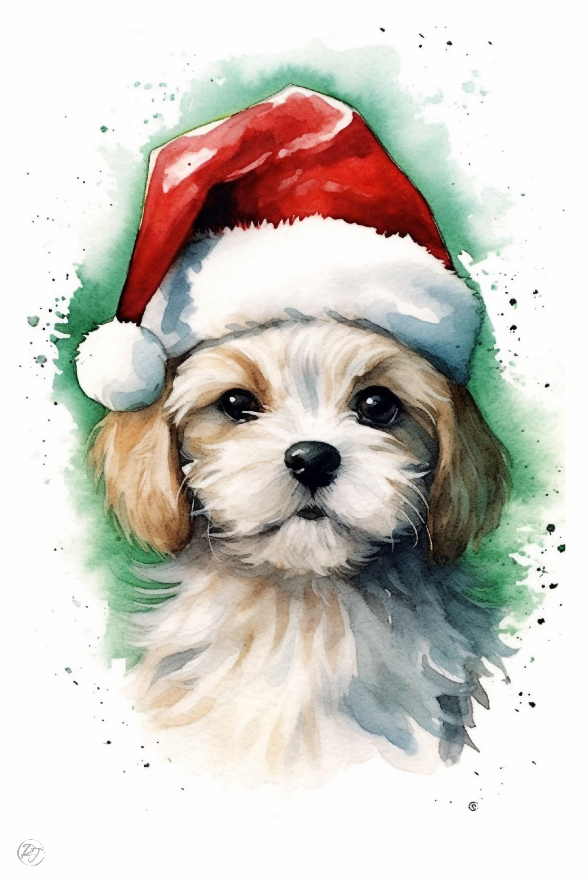 Adorable Puppy in Santa Hat Watercolor Art Print, Giclee Print on Canvas, Artist Paper, Watercolor Paper, Available in Extra Large Sizes