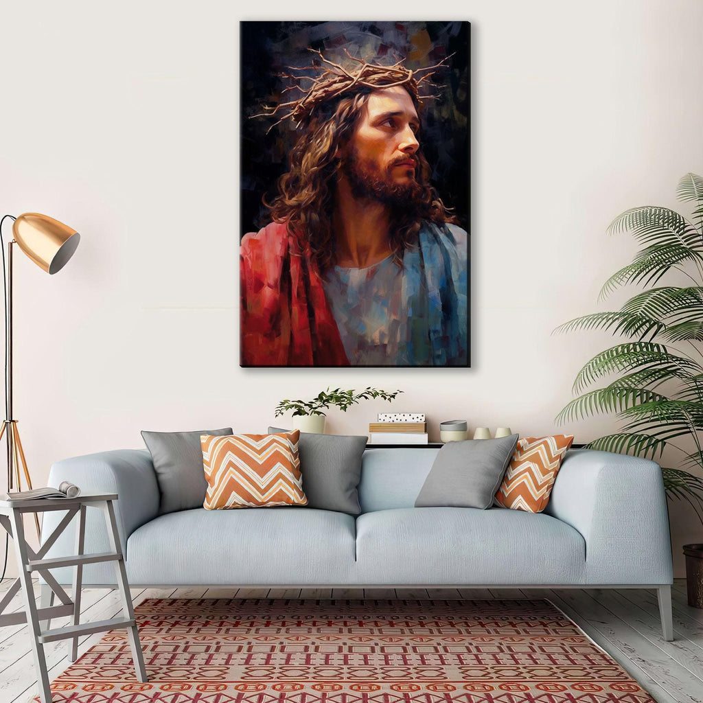 Jesus Christ Canvas Art – Large Canvas Painting with Crown of Thorns and Wood Frame