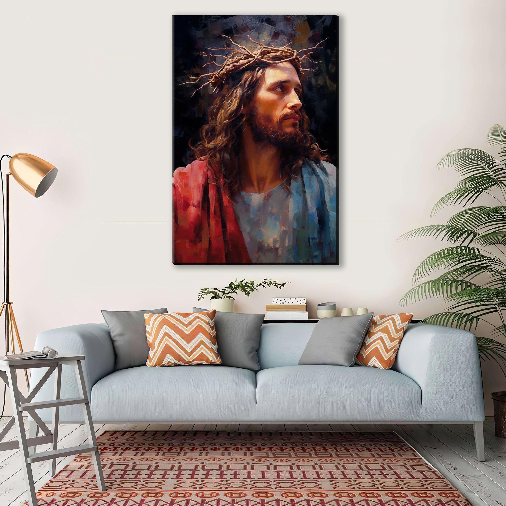 Jesus Christ Canvas Art – Large Canvas Painting with Crown of Thorns and Wood Frame