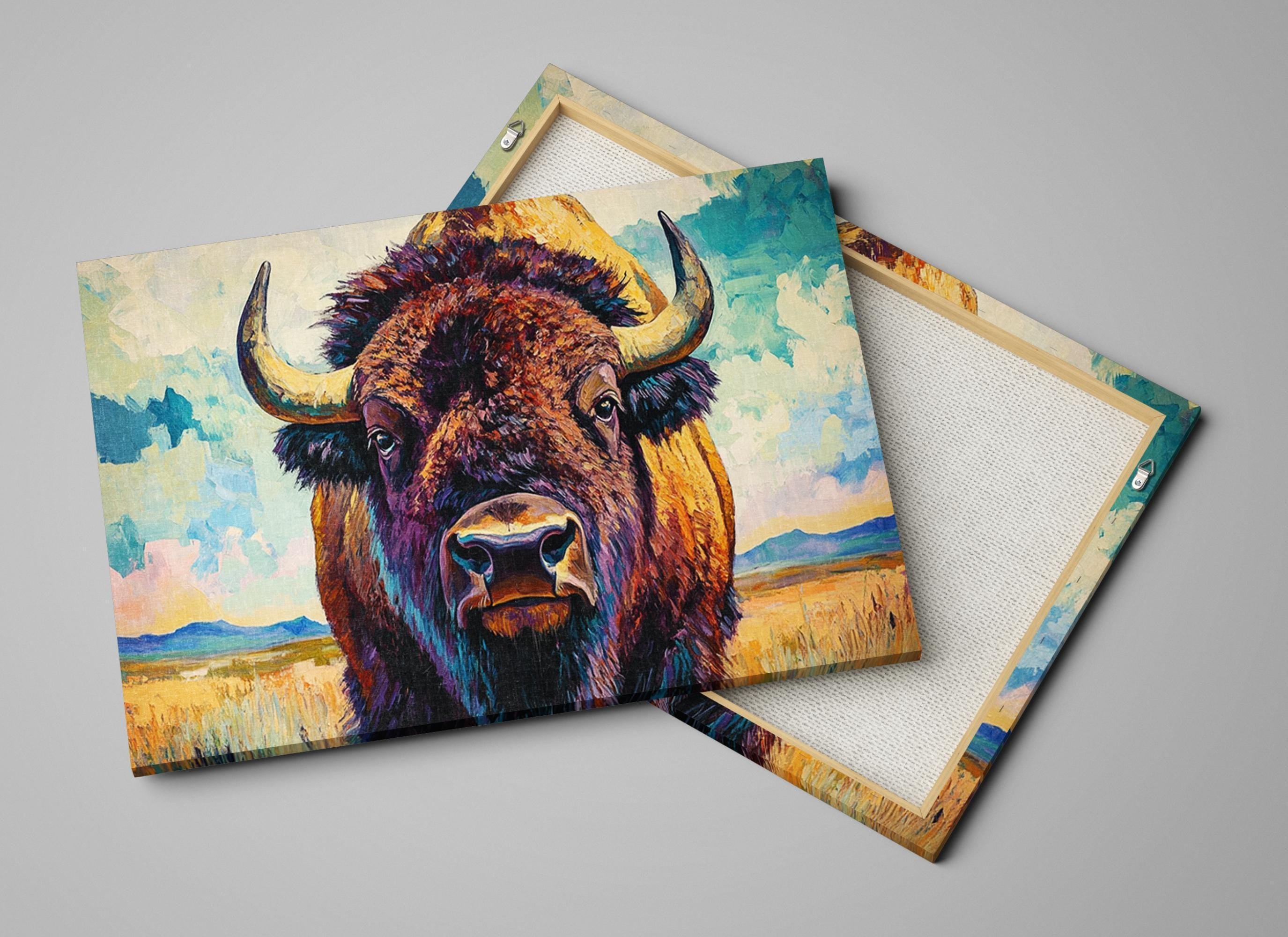 a painting of a bison with large horns, set against a colorful landscape.