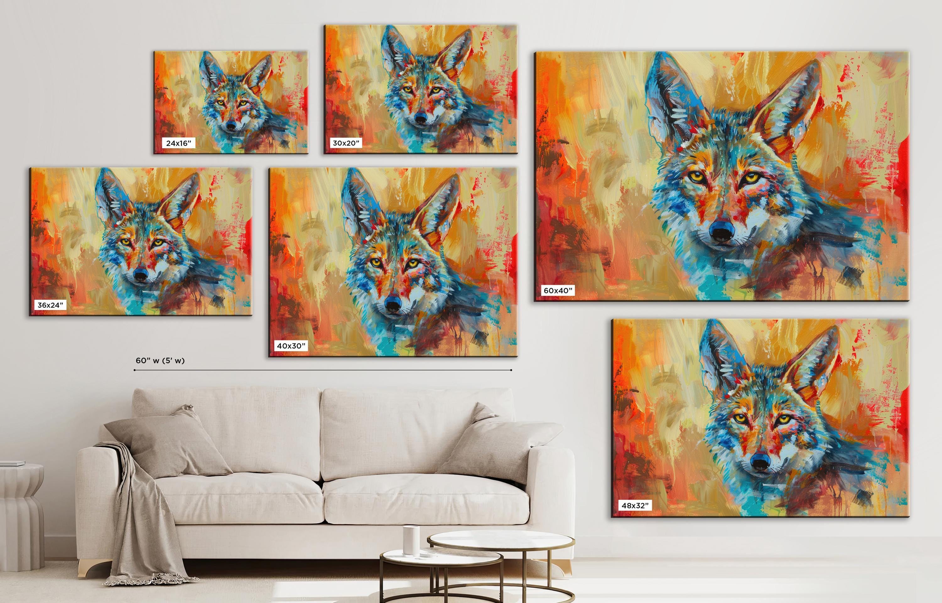 Colorful Coyote Wall Art | Modern Desert Coyote on Gallery Wrapped Canvas, Bold Wall Decor