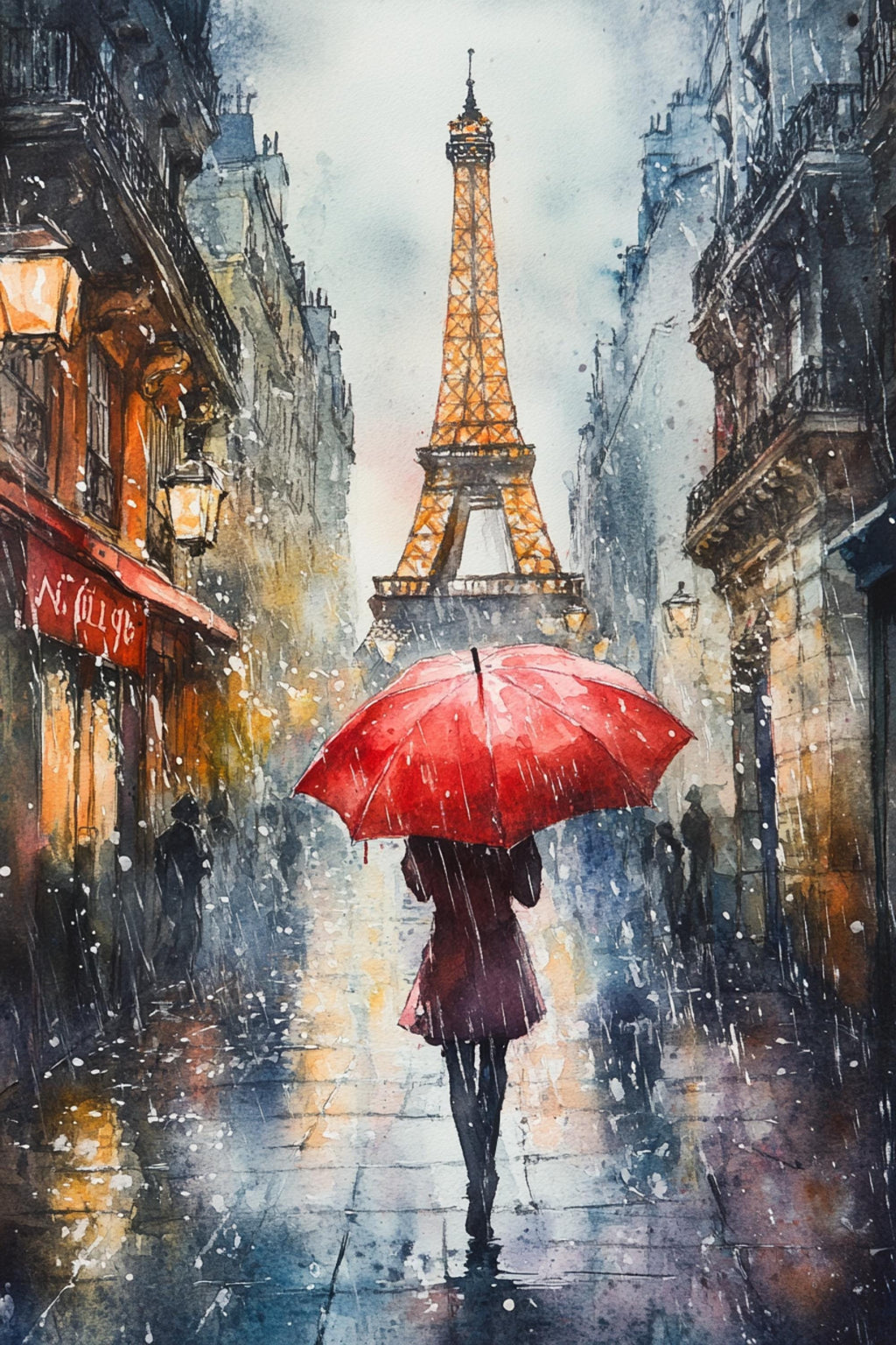 A woman walks down a rainy street, holding a red umbrella, with the iconic Eiffel Tower visible in the background.