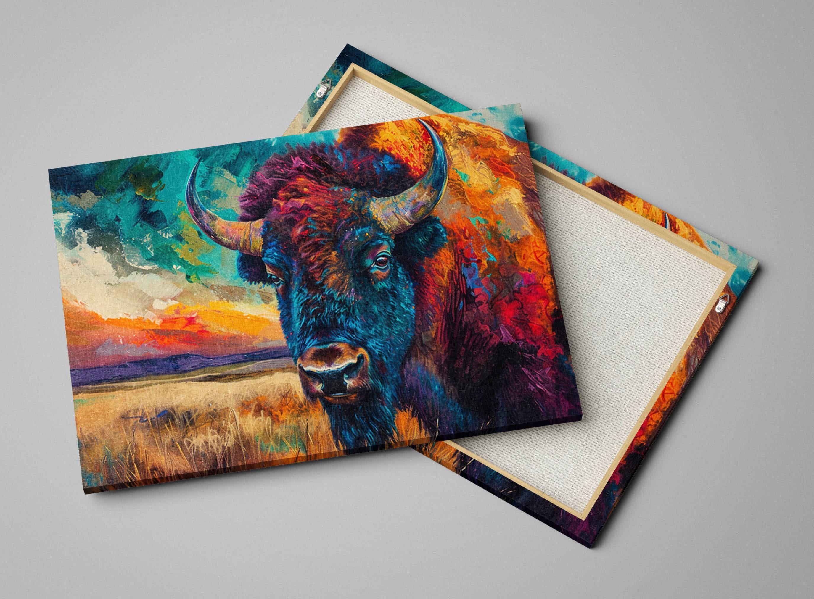 a vibrant painting of a bison with large horns, set against a colorful landscape.