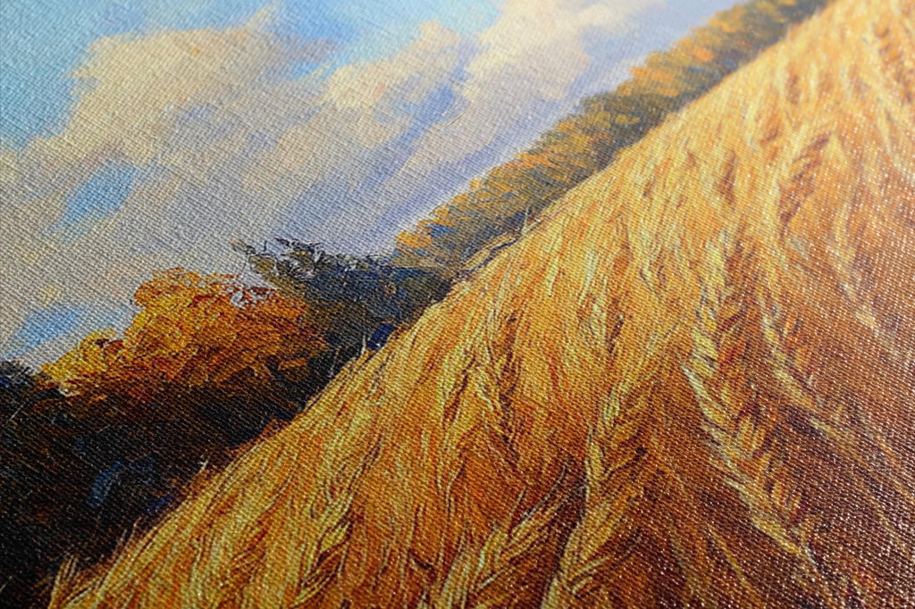 a field of golden wheat against a backdrop of a blue sky with clouds.
