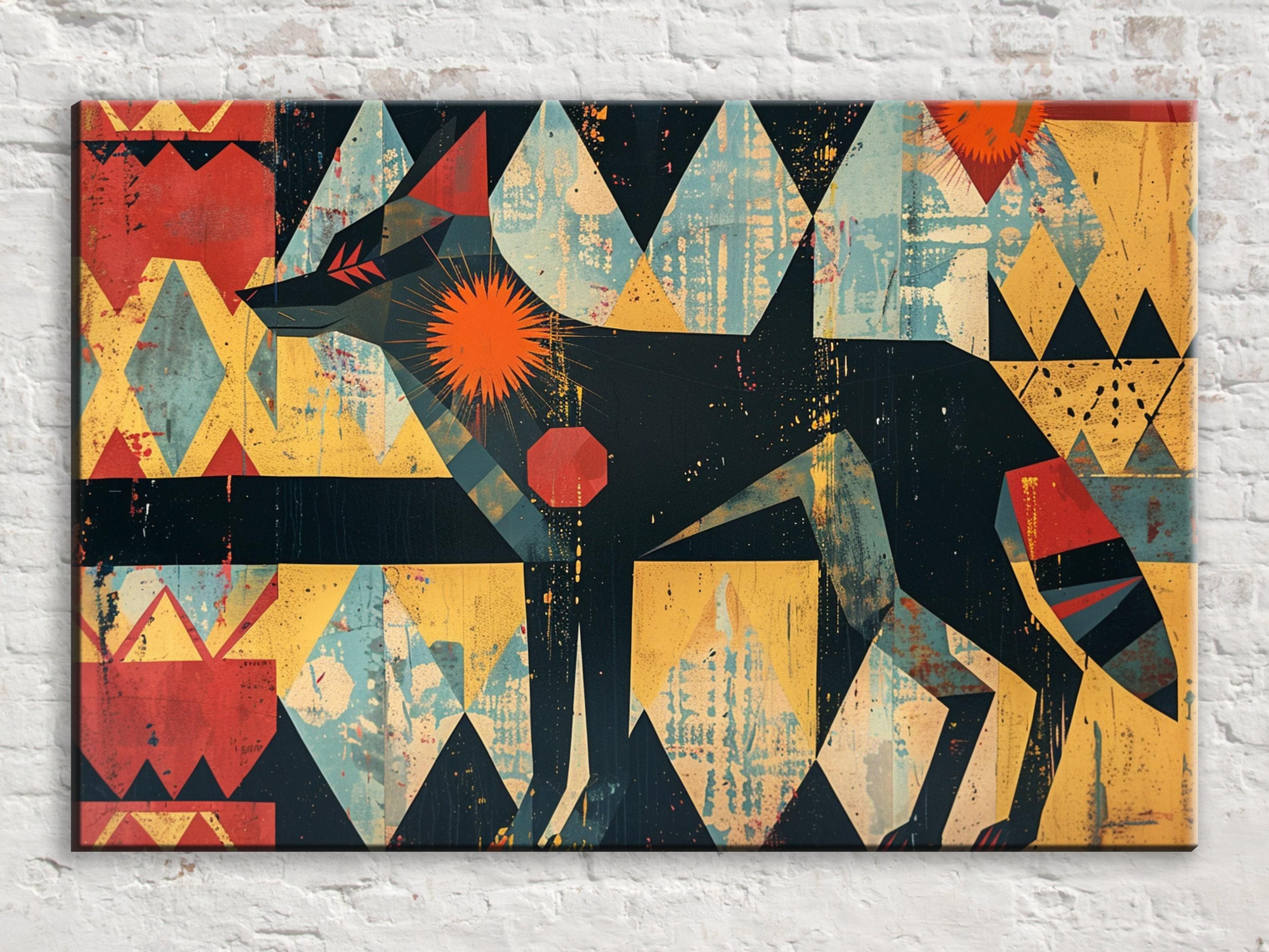 Native American Coyote Art – Modern Southwest Canvas | Large Tribal Spirit Painting