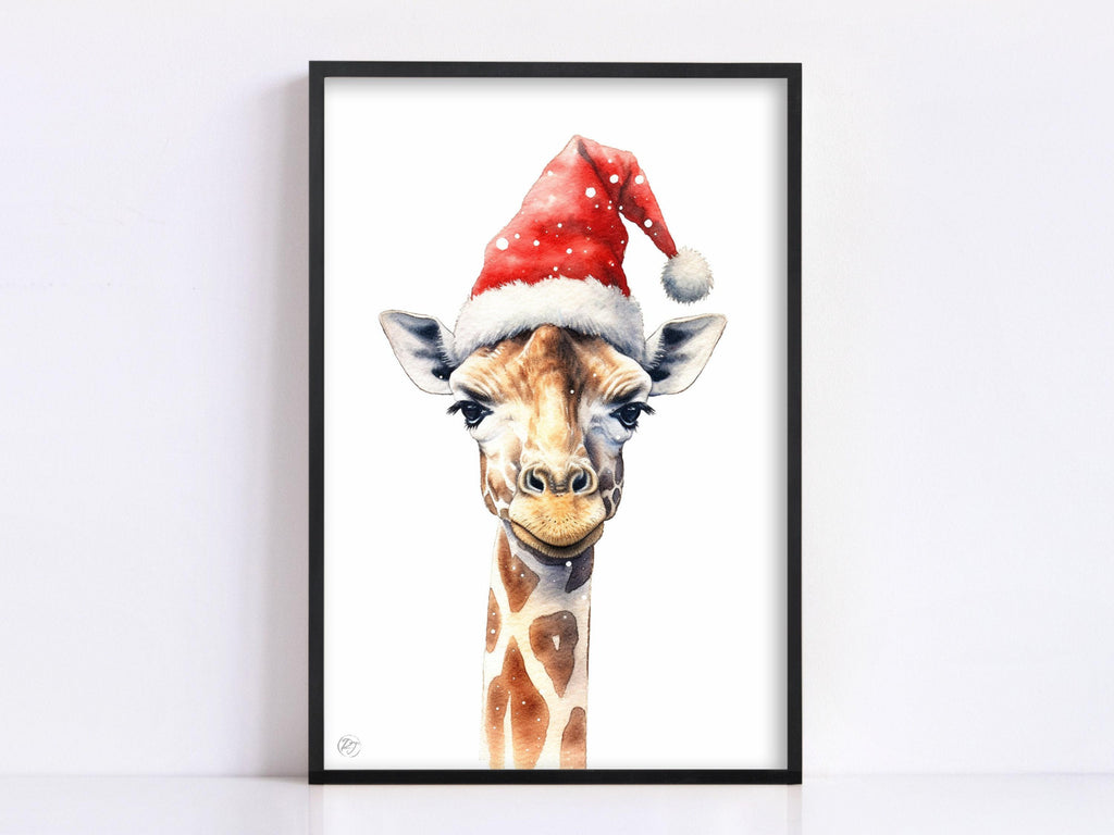 Festive Giraffe in Santa Hat Watercolor Art Print, Giclee Print on Canvas, Artist Paper, Watercolor Paper, Available in Extra Large Sizes